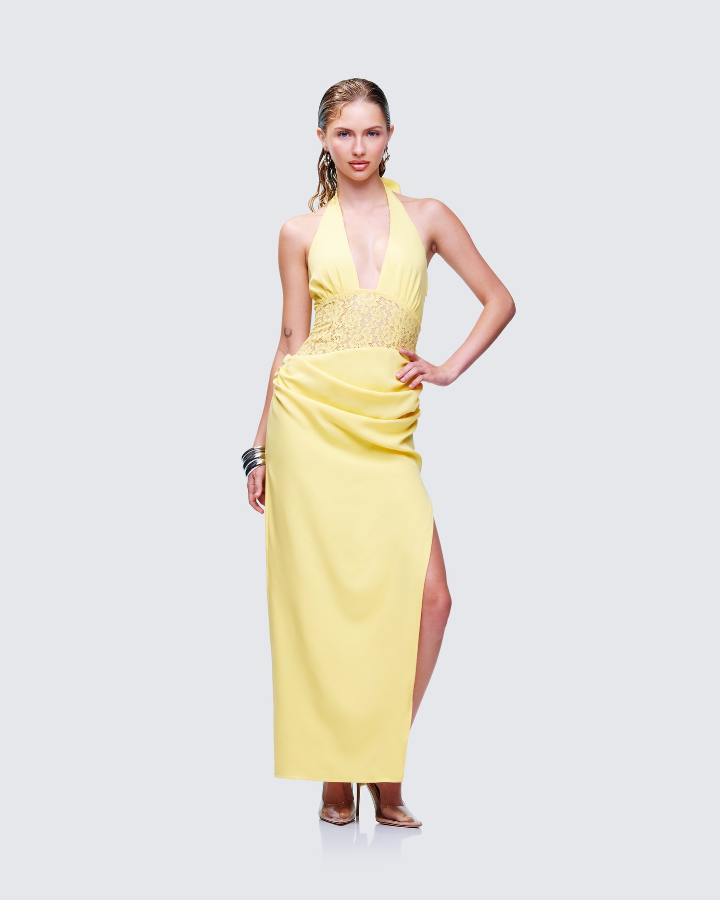 Lenora Yellow Lace Detail Maxi Dress