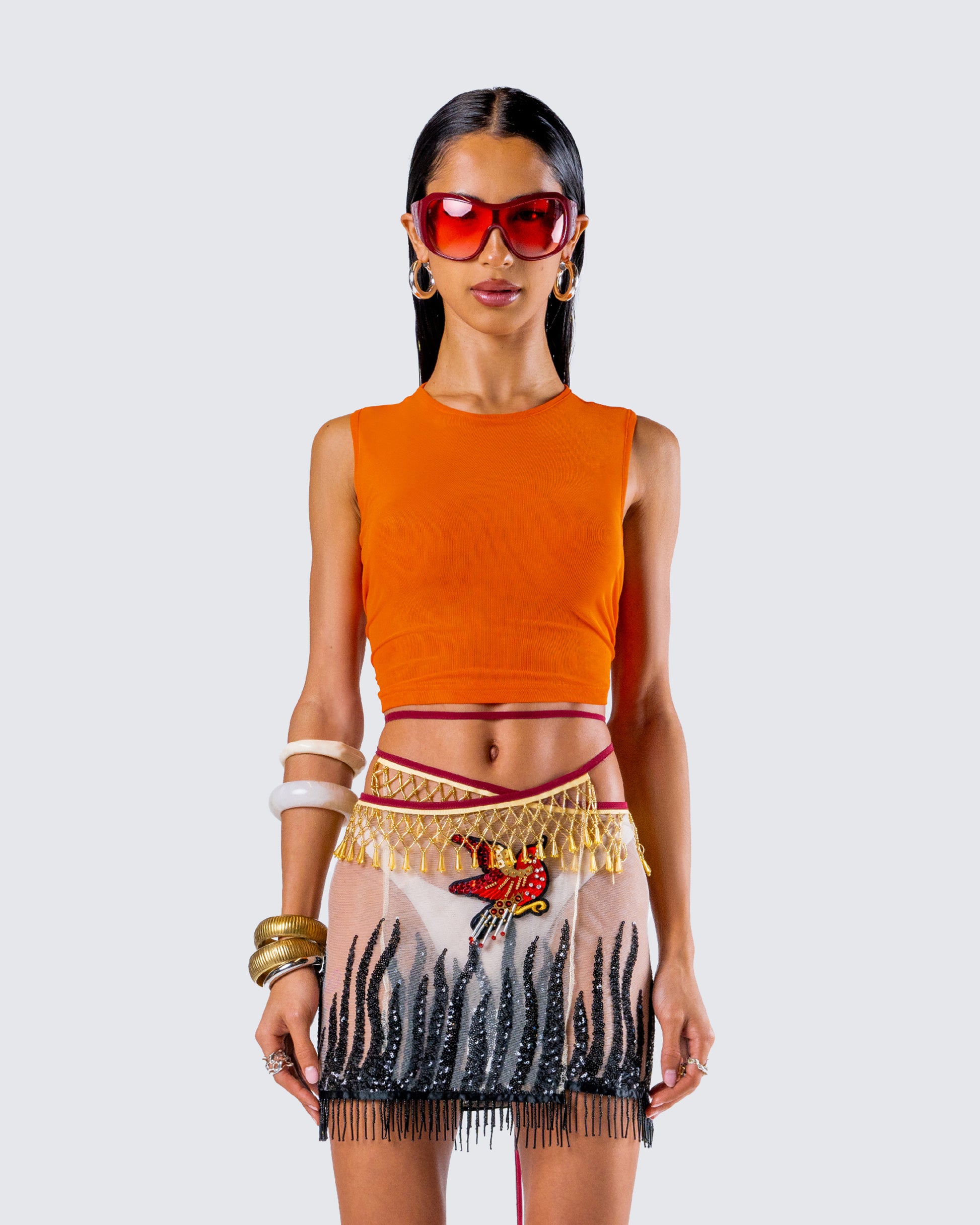 Leona Orange Mesh Asymmetrical Top model front