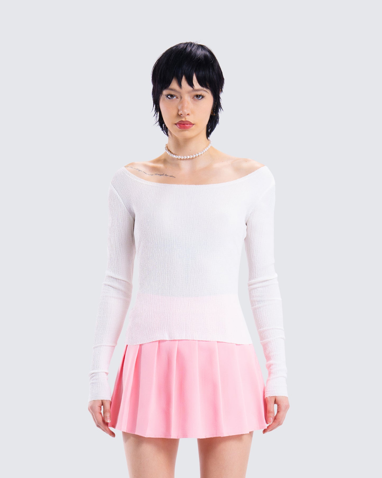 Leslie White Off Shoulder Top model front