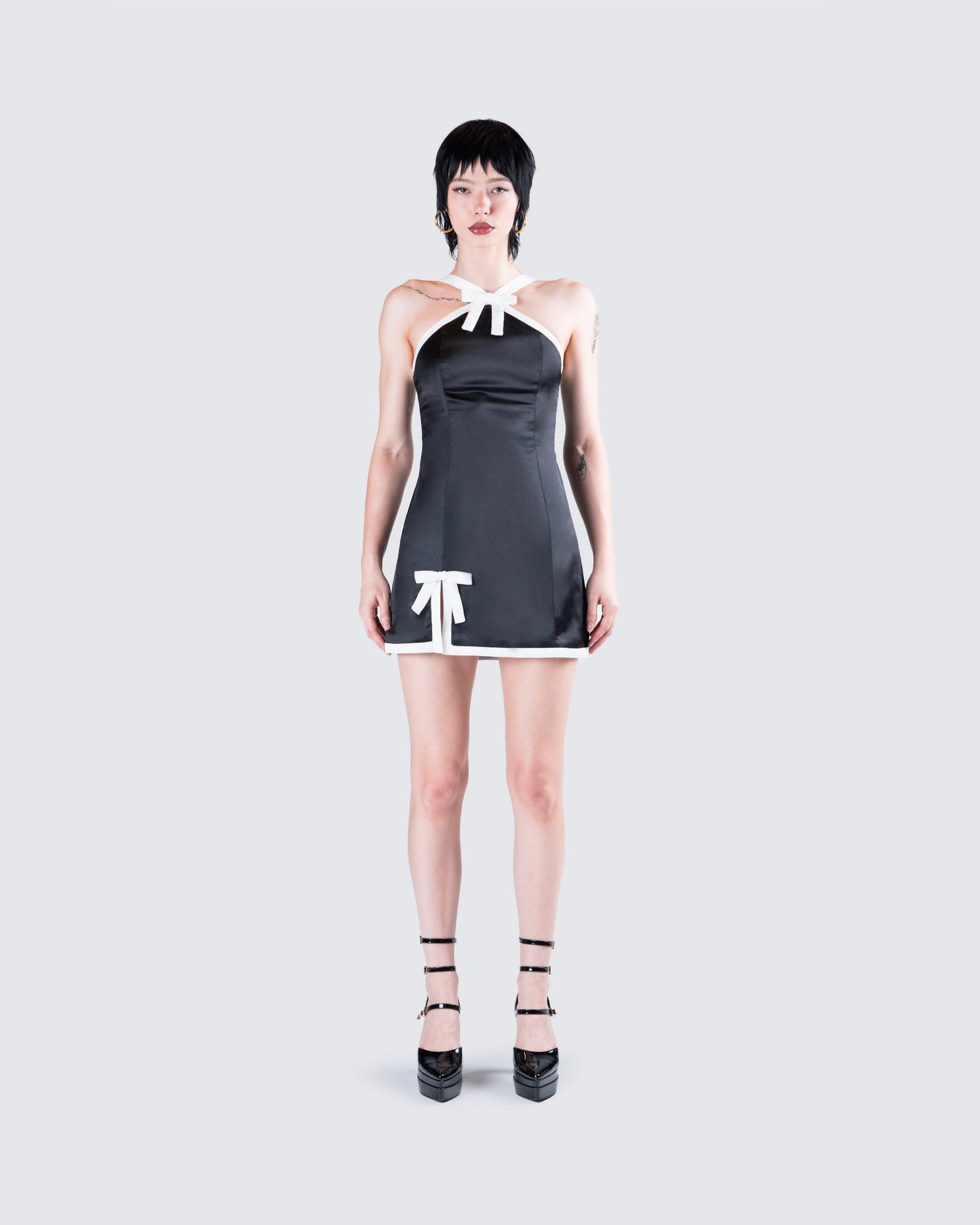 Lora Black Charmeuse Mini Dress model front