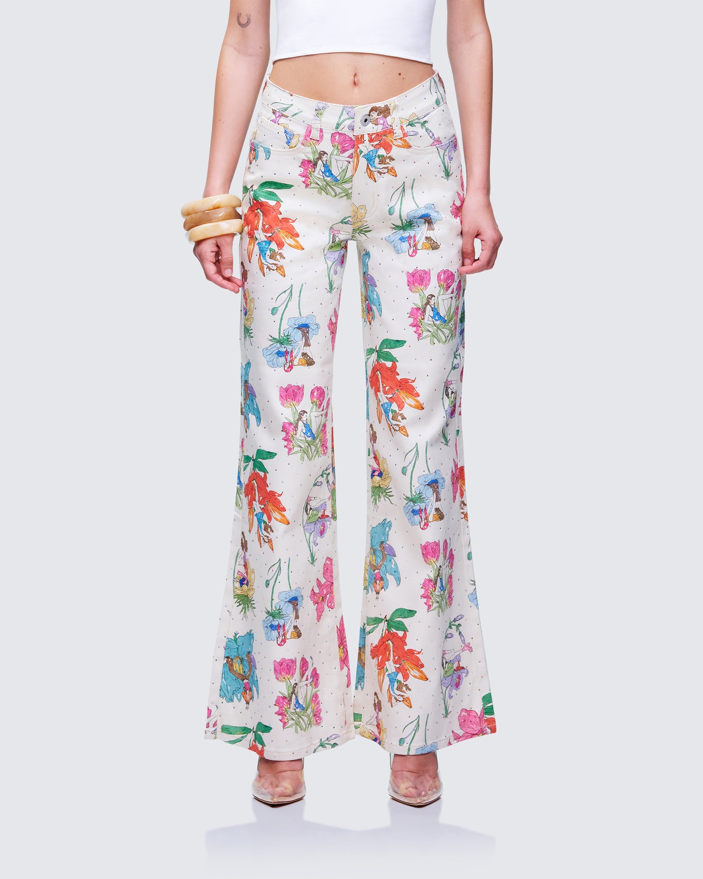 Lunara Ivory Embellished Twill Pant model front
