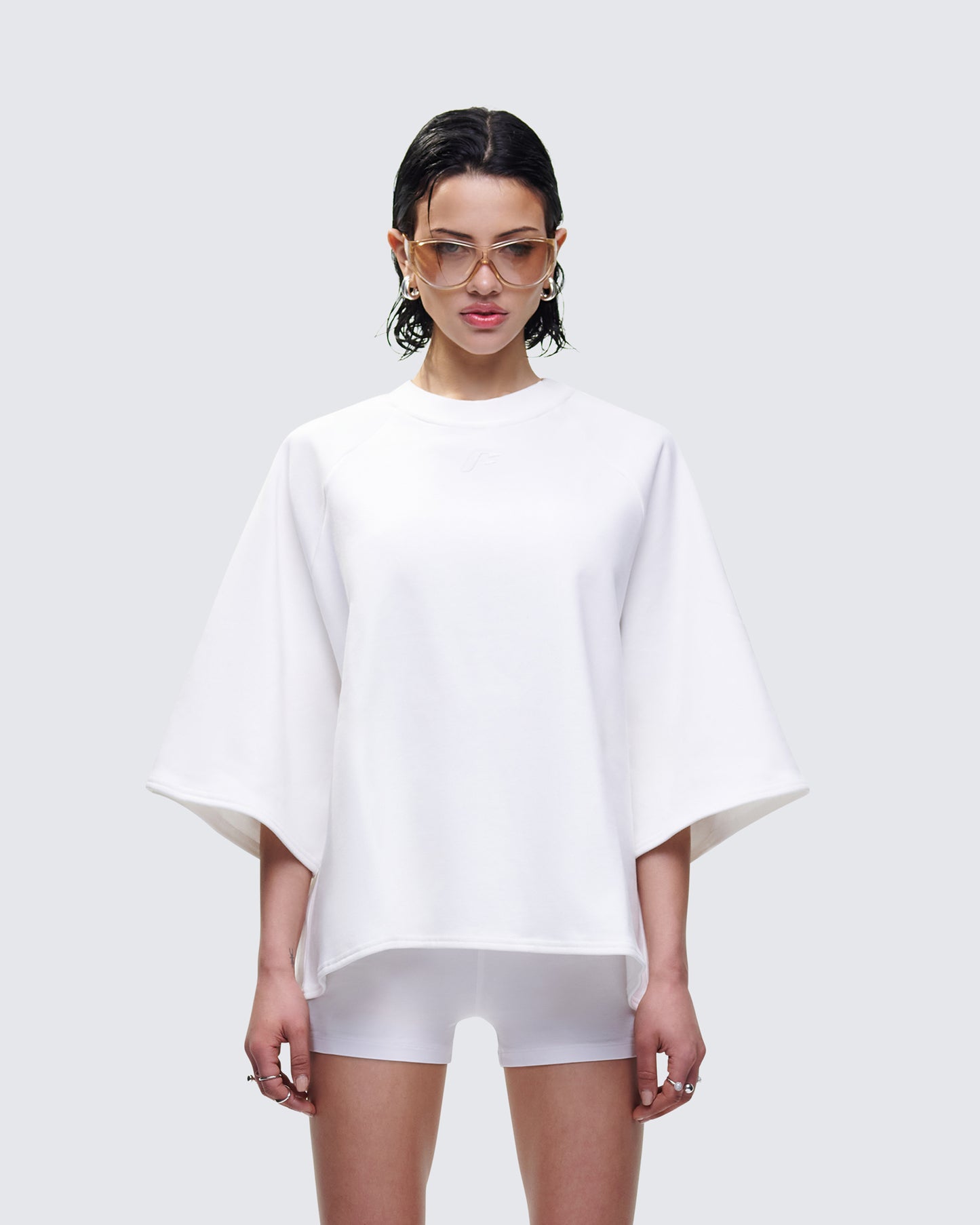 Mabelle White Oversized Raglan Top model front