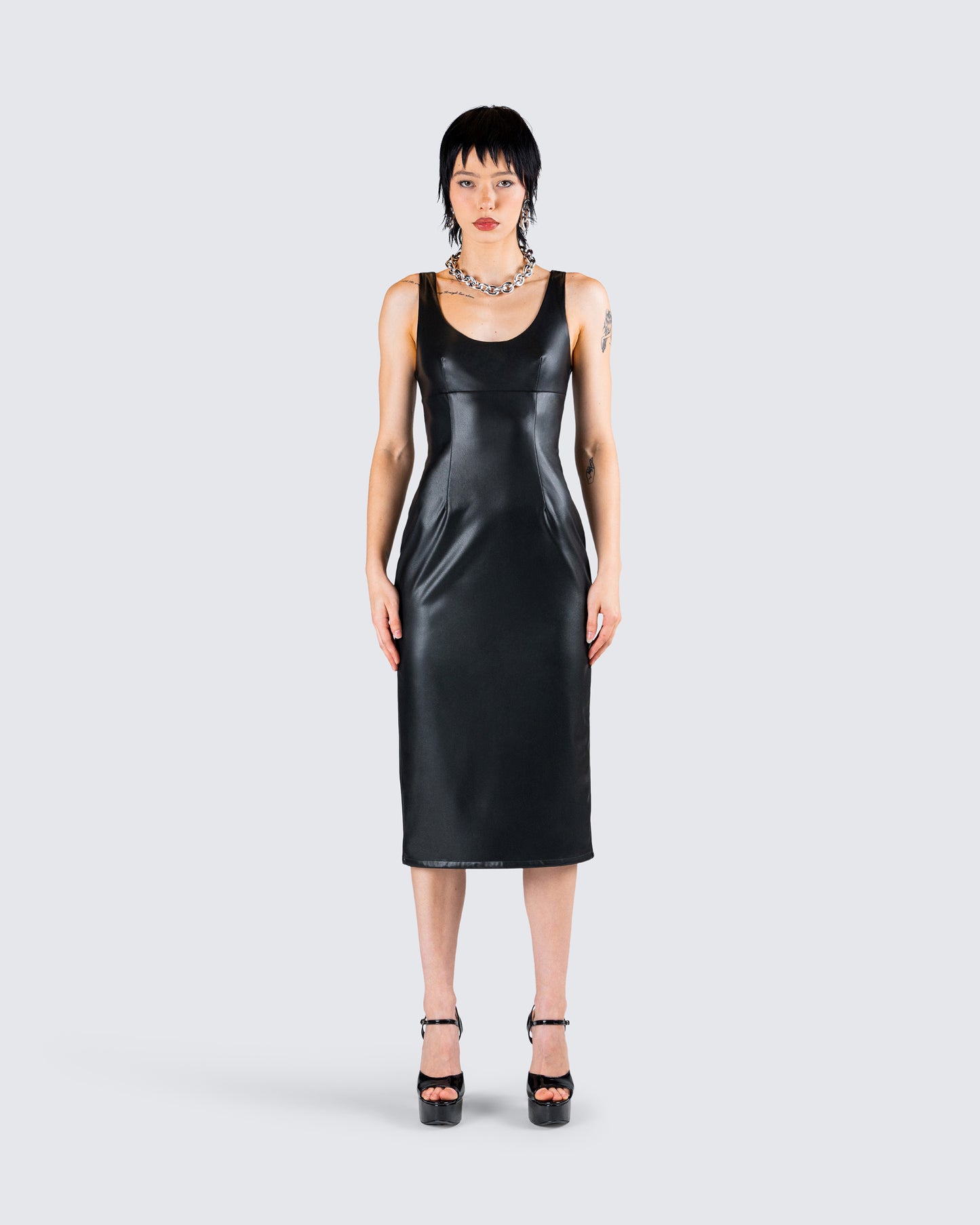 Maia Black Vegan Leather Midi Dress model front