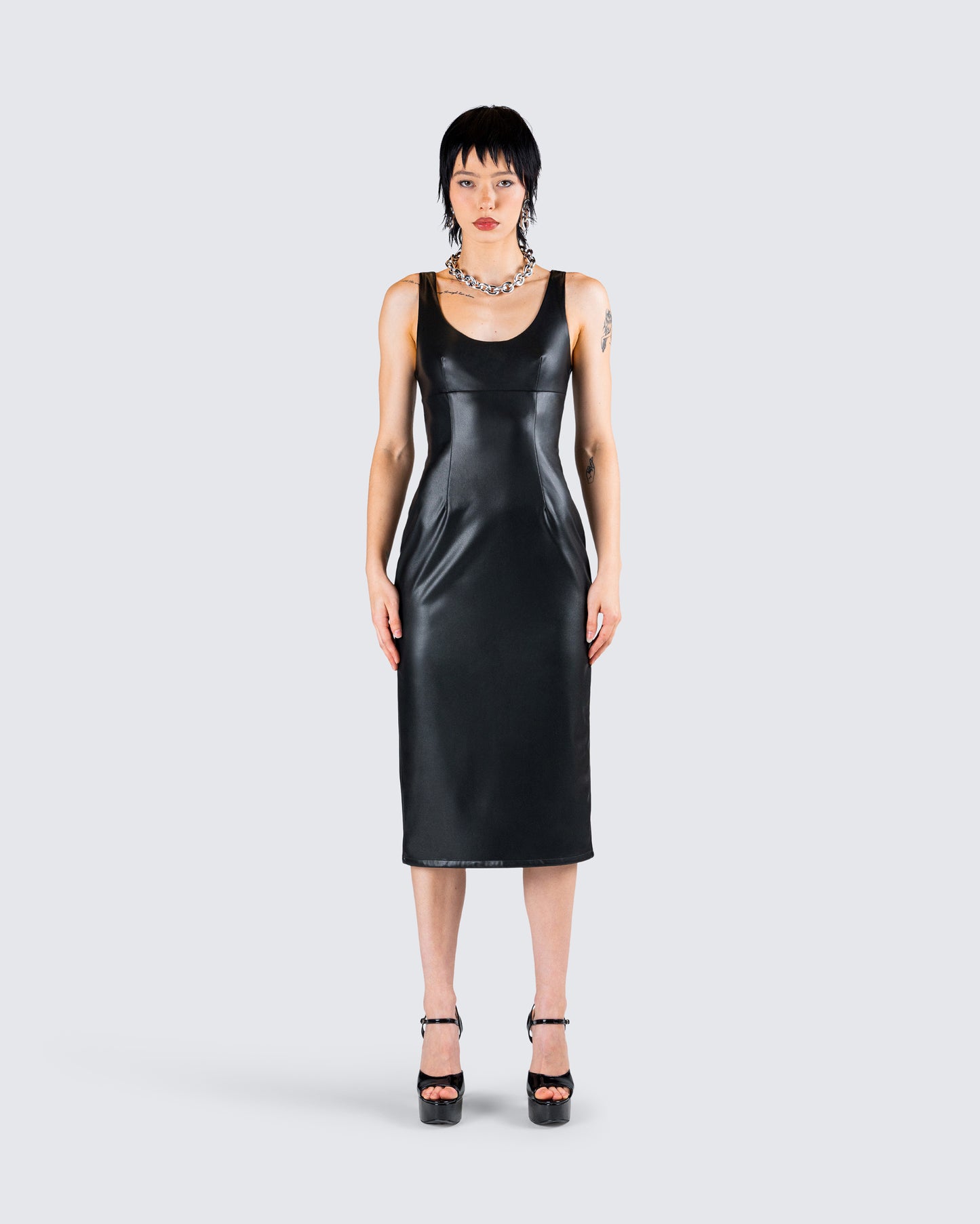 Maia Black Vegan Leather Midi Dress