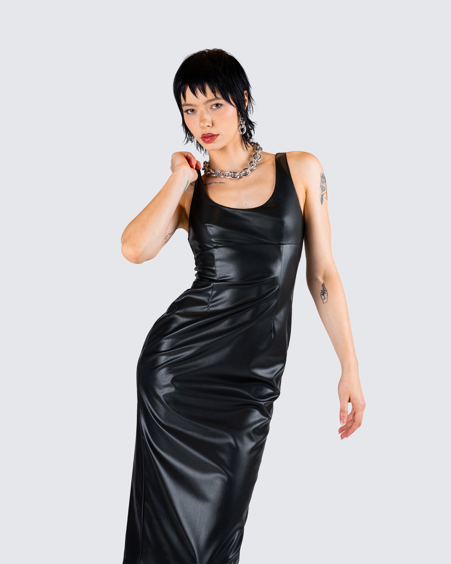 Maia Black Vegan Leather Midi Dress