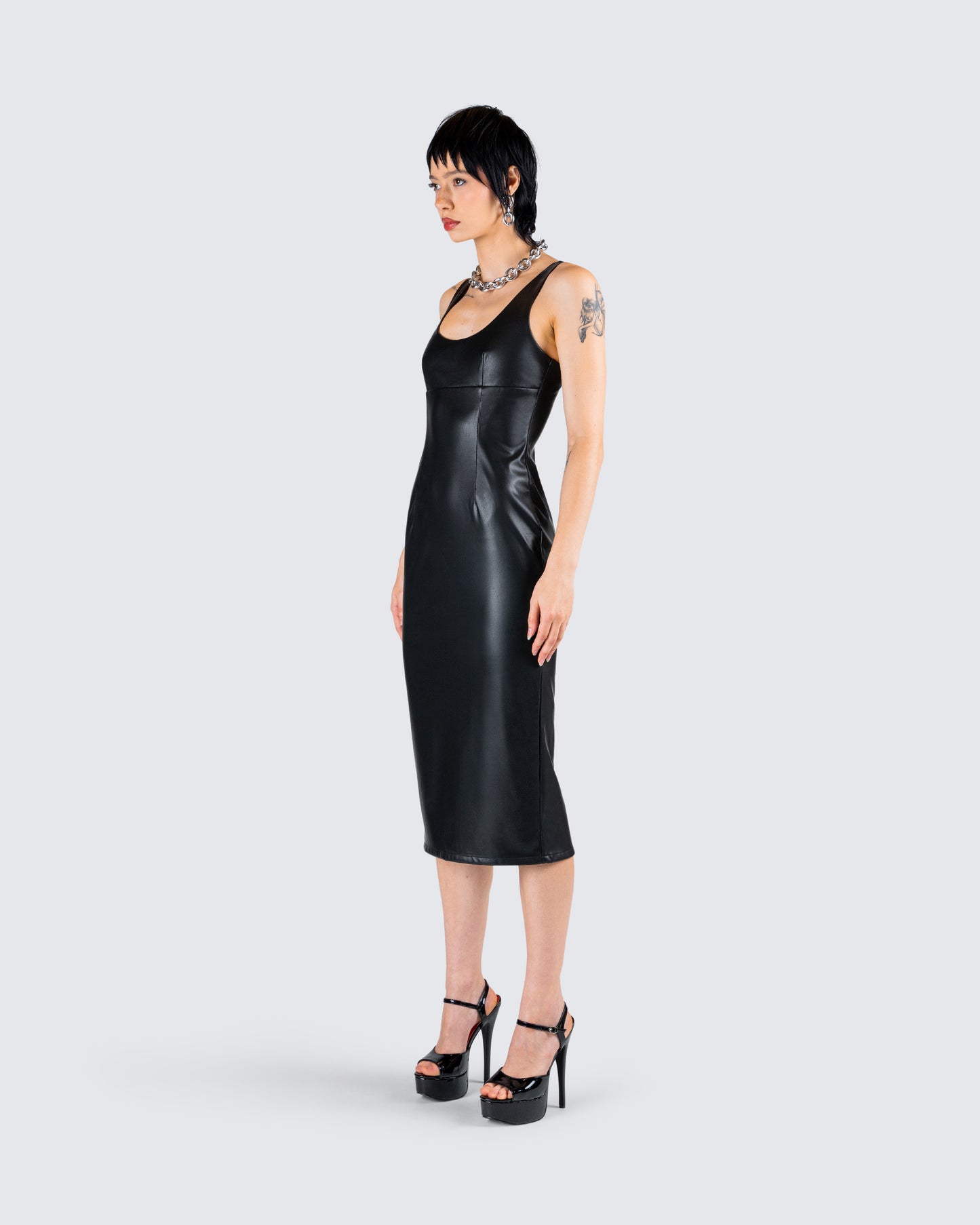 Maia Black Vegan Leather Midi Dress