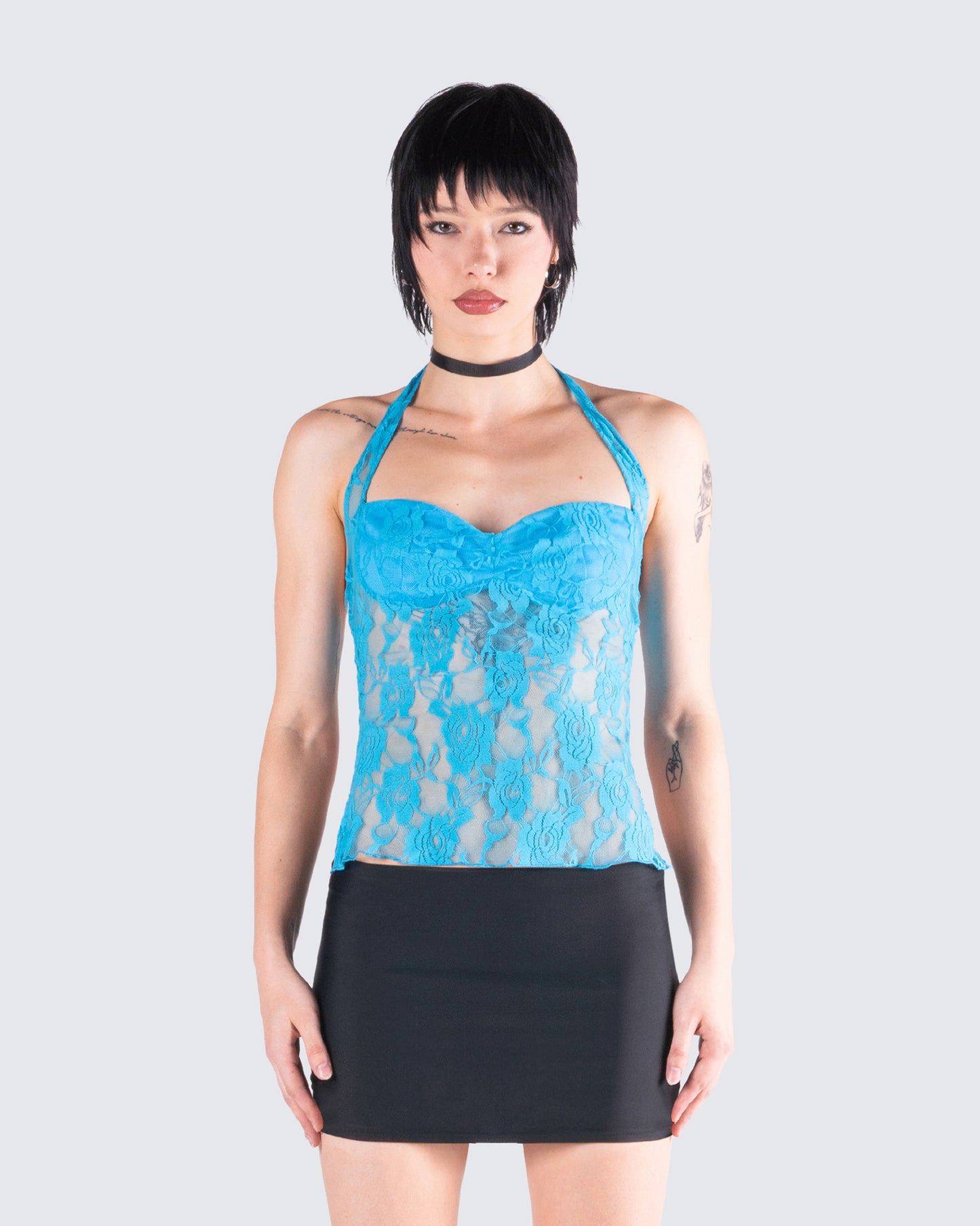 Mali Turquoise Lace Halter Top model front