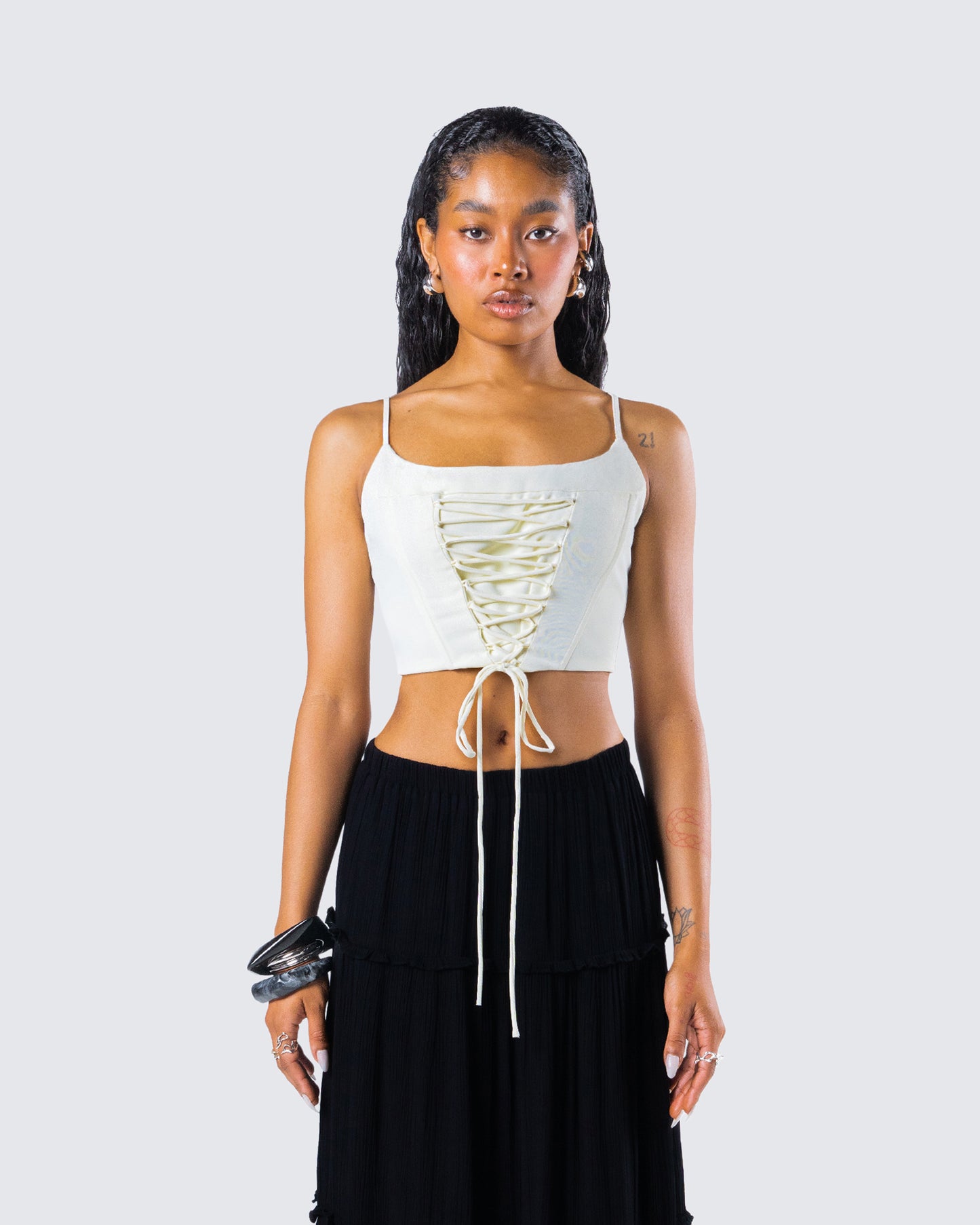 Malia Ivory Lace Up Corset Top model front