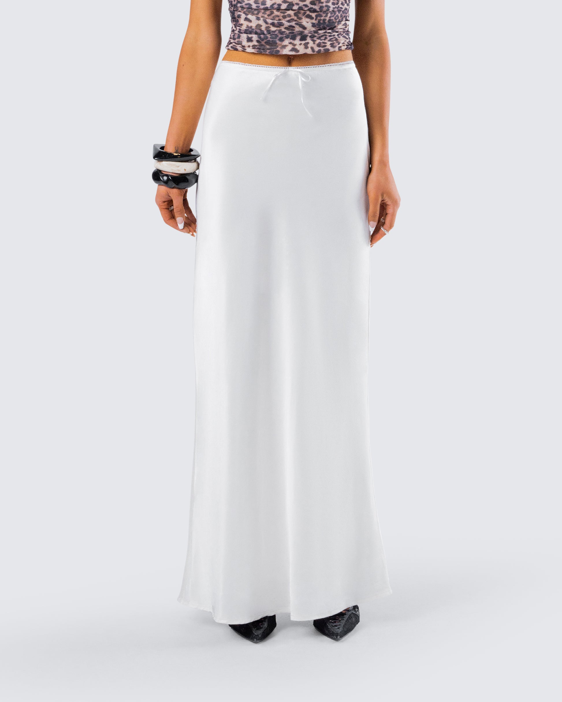 Maree White Low Rise Maxi Skirt model front