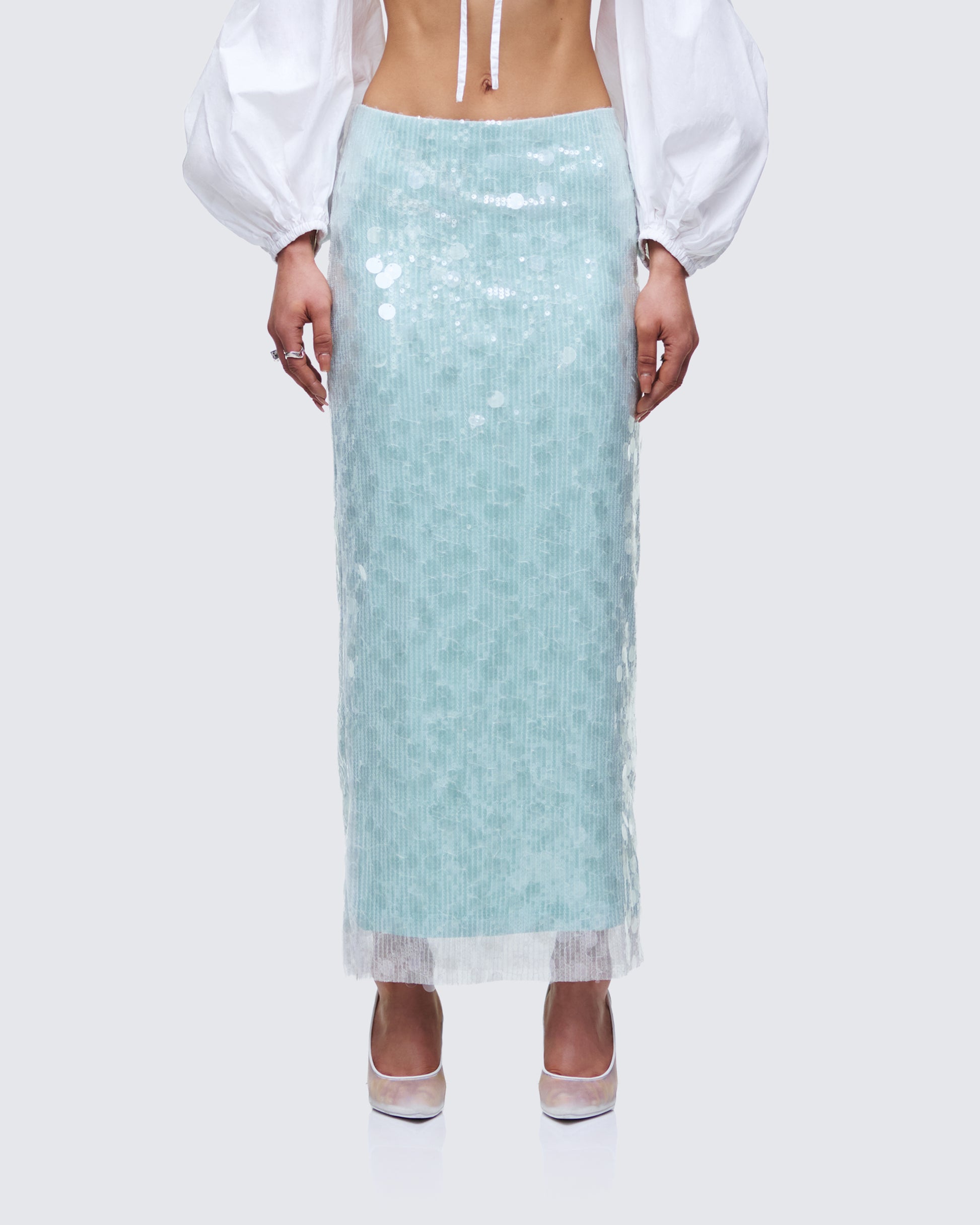 Marta Green Sequin Maxi Skirt model front