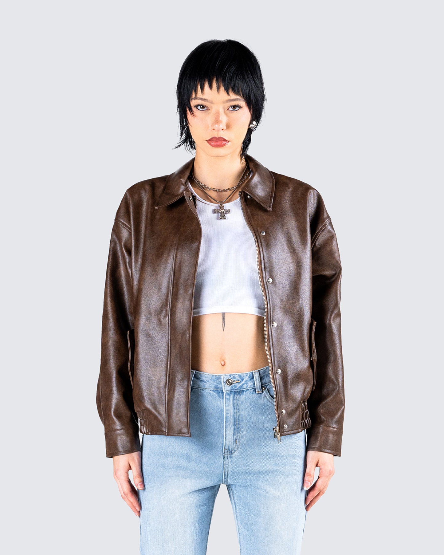 Maven Brown Vegan Leather Jacket model front
