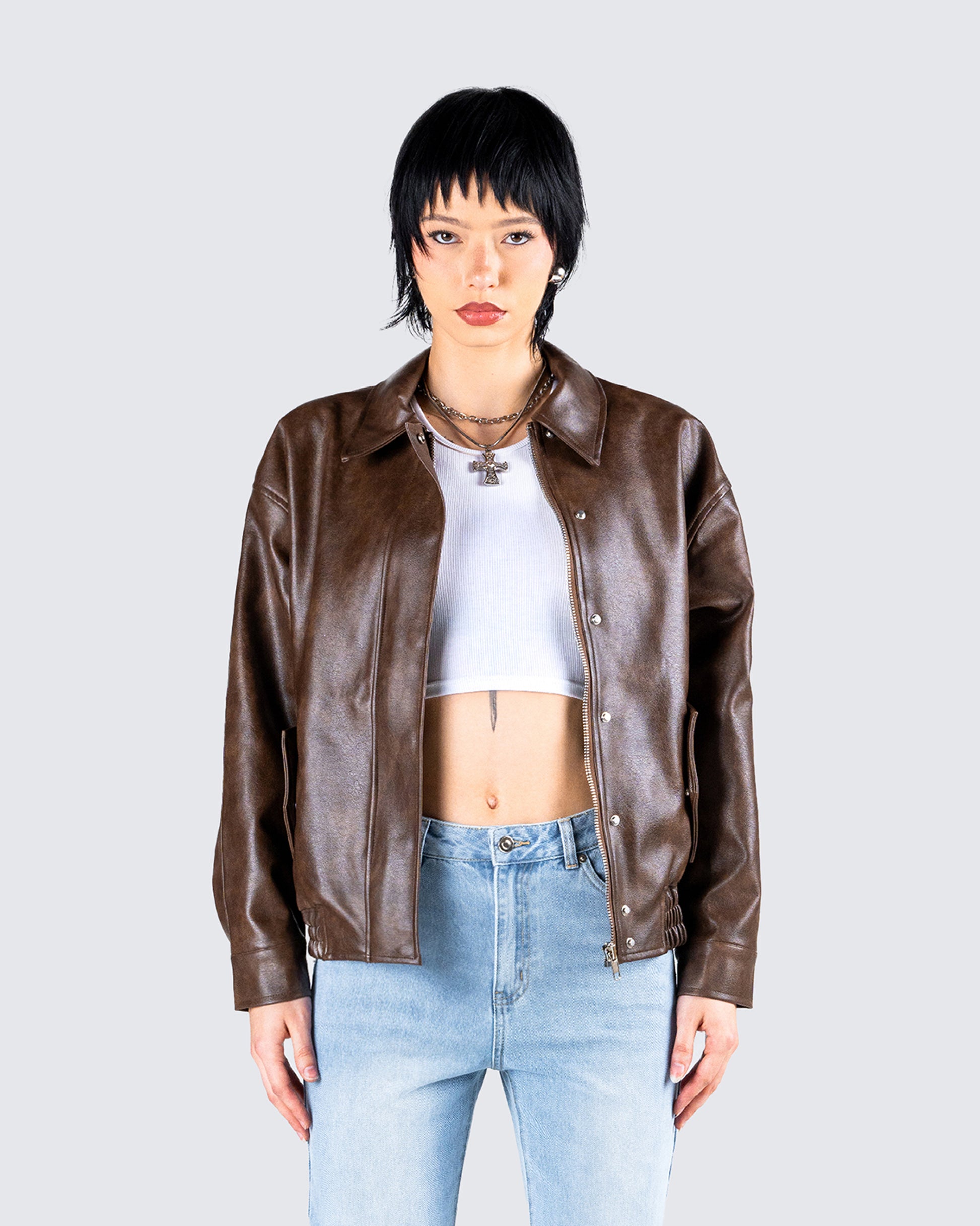 Maven Brown Vegan Leather Jacket model front