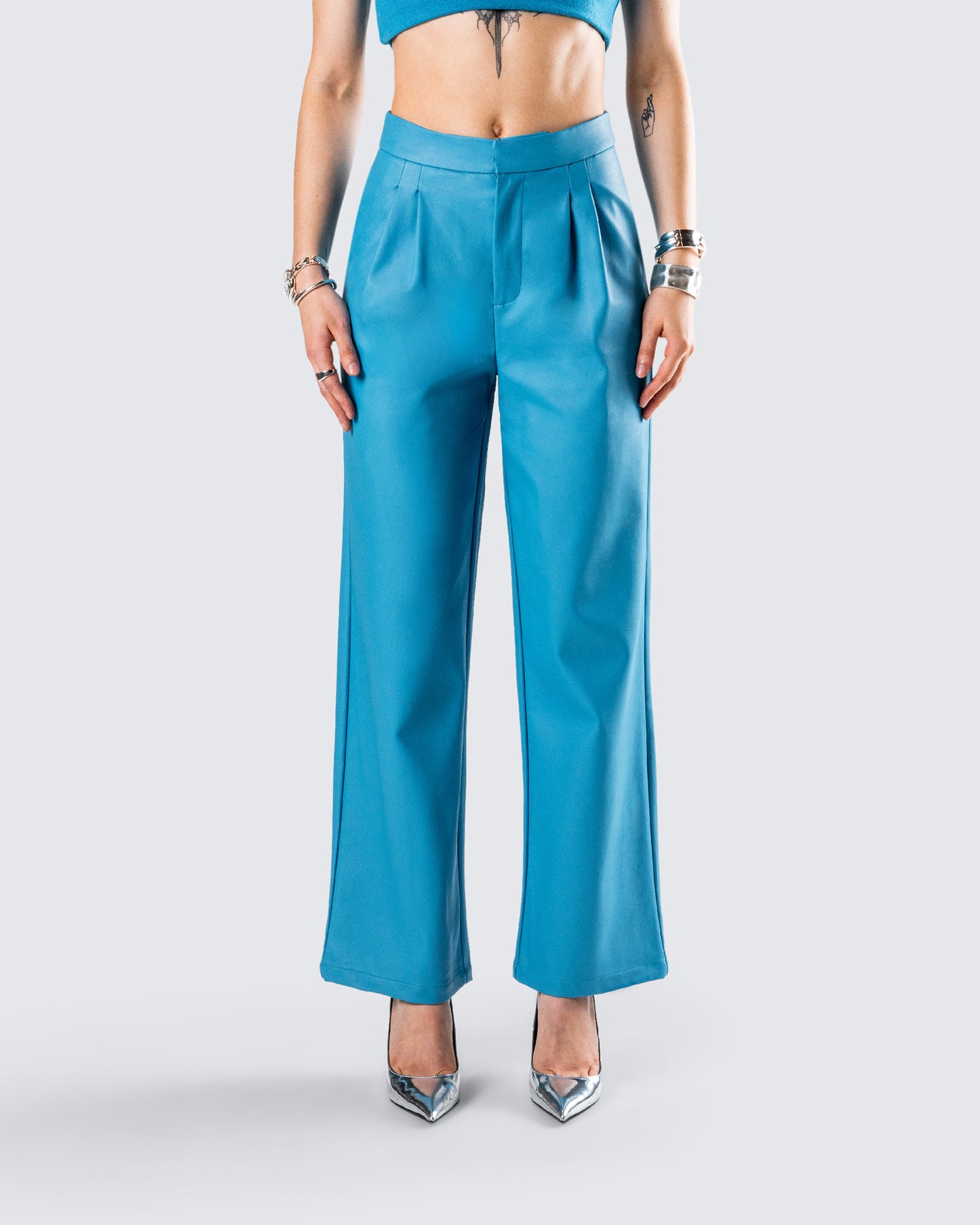 Maz Turquoise Vegan Leather Pant model front