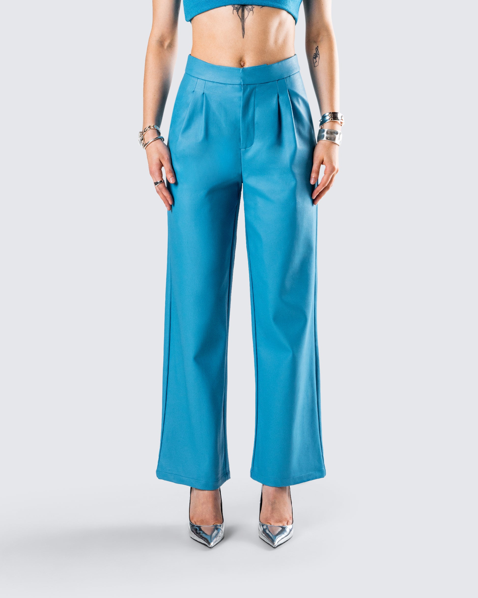 Maz Turquoise Vegan Leather Pant model front