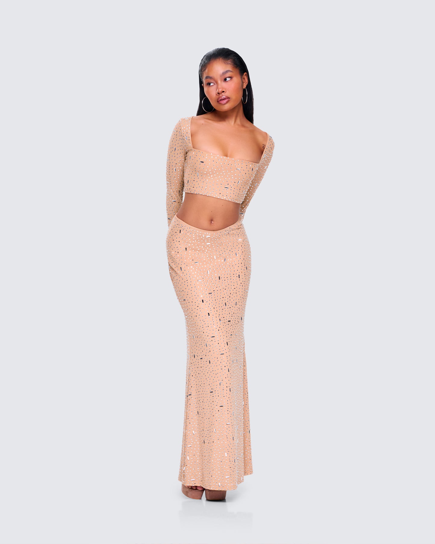 Maze Nude Rhinestone Maxi Skirt