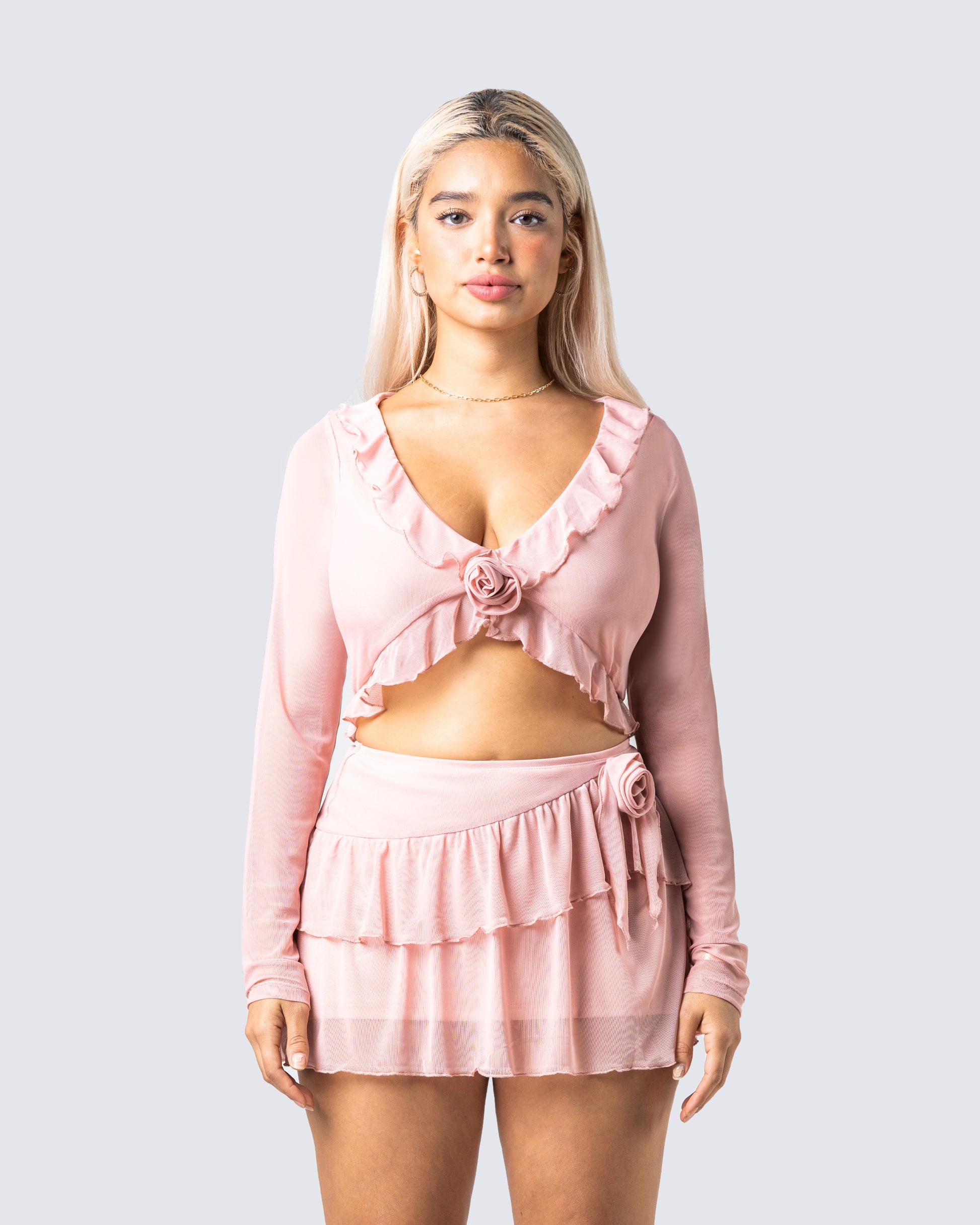 Marie Pink Mesh Long Sleeve Top model front