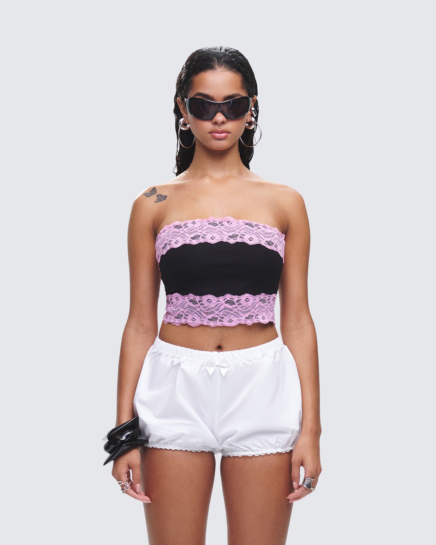 Michele Black Lace Trim Top model front