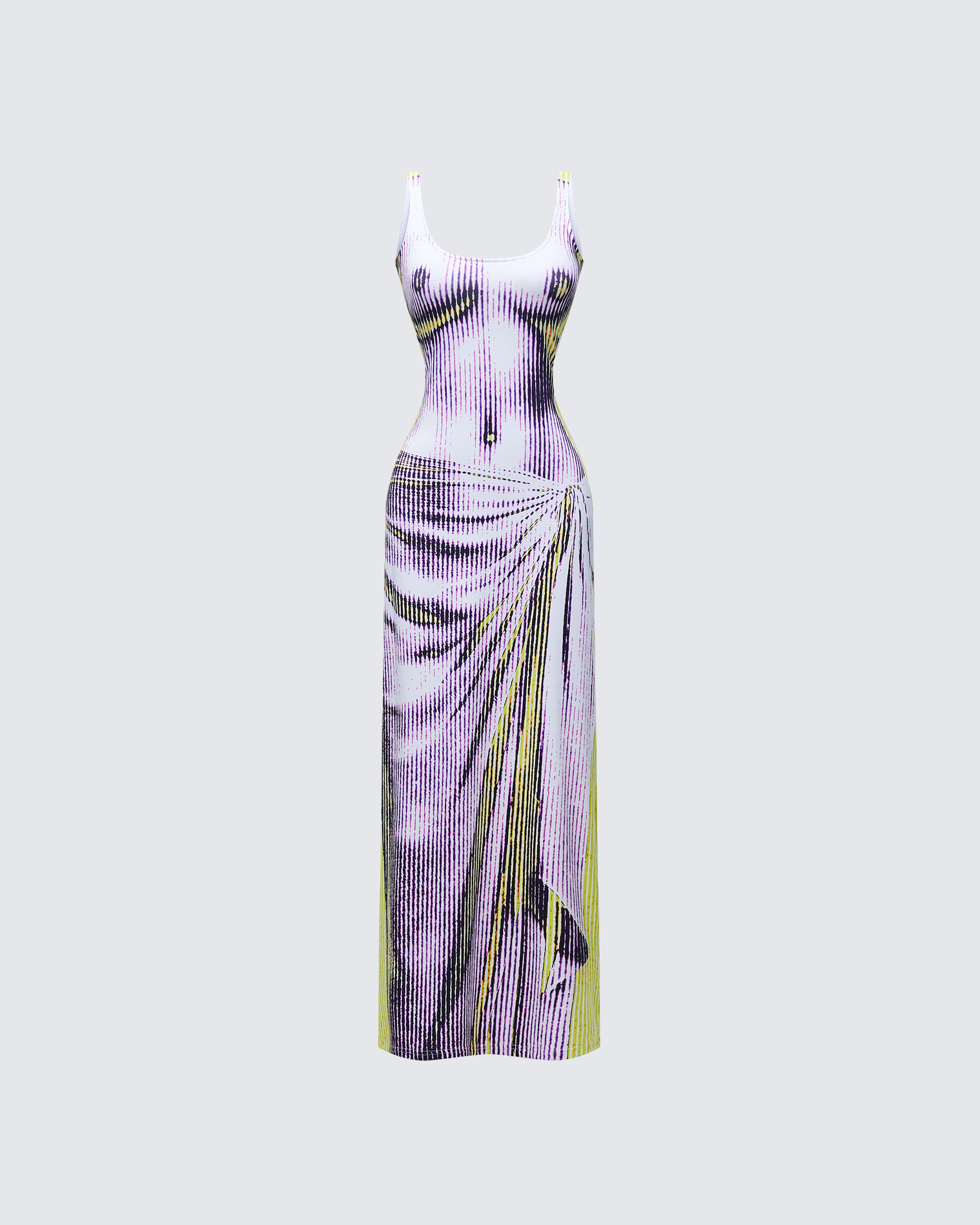 Purple Abstract Print Maxi Dress - Tie Waist Bodycon FINESSE Purple Abstract Print Maxi Dress - Tie Waist Bodycon FINESSE