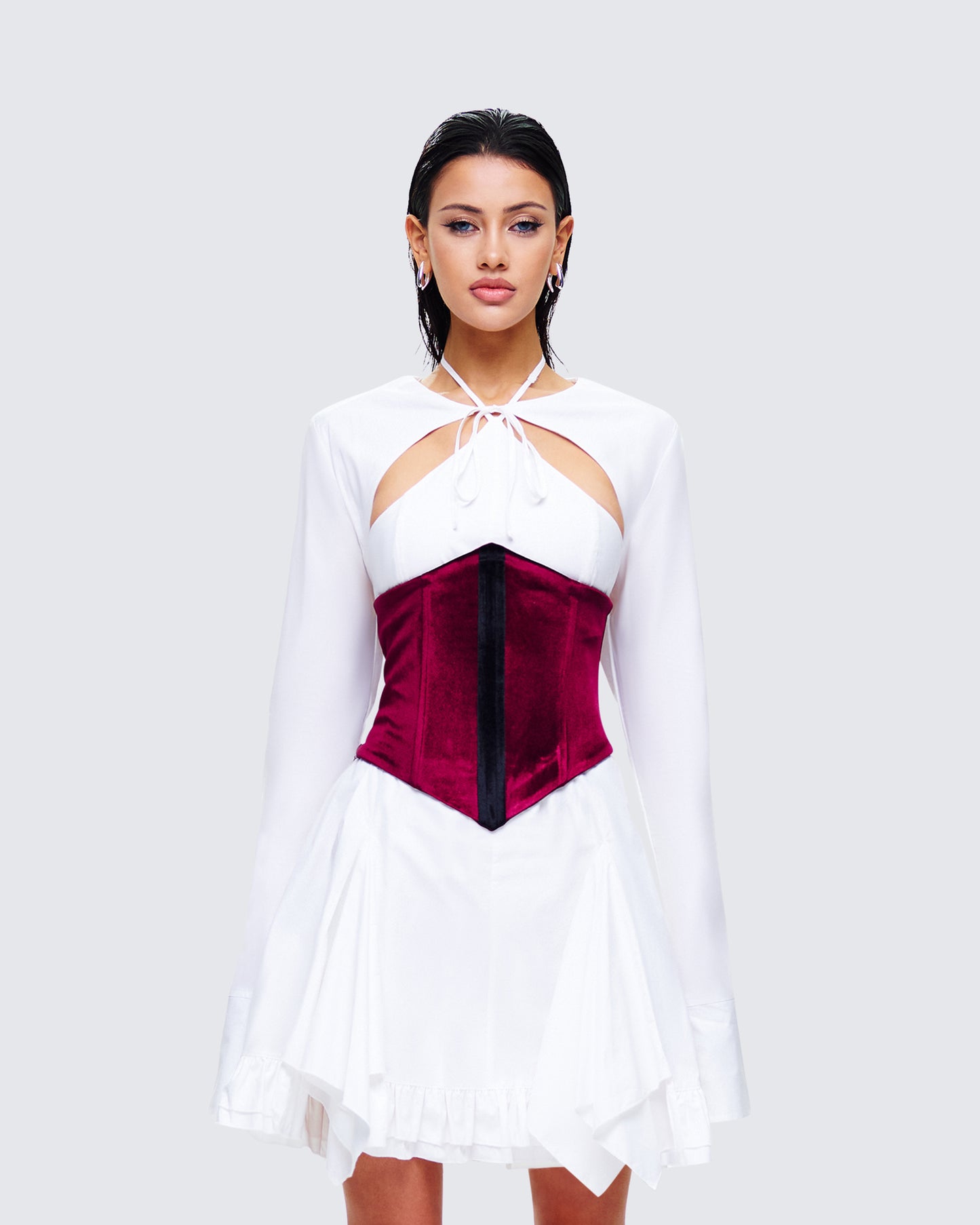 Moira Burgundy Velvet Corset Top model front