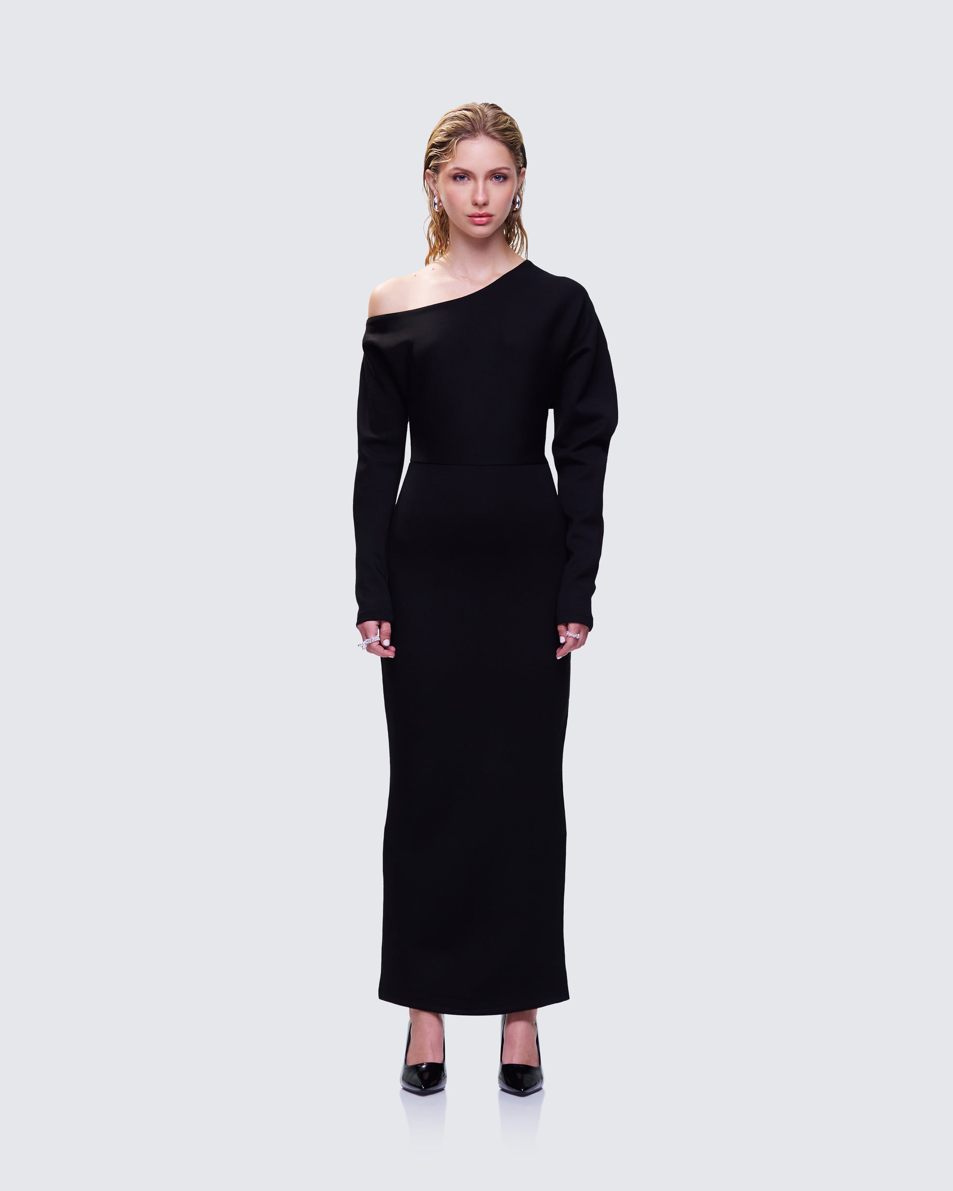 Morwena Black Off Shoulder Maxi Dress model front