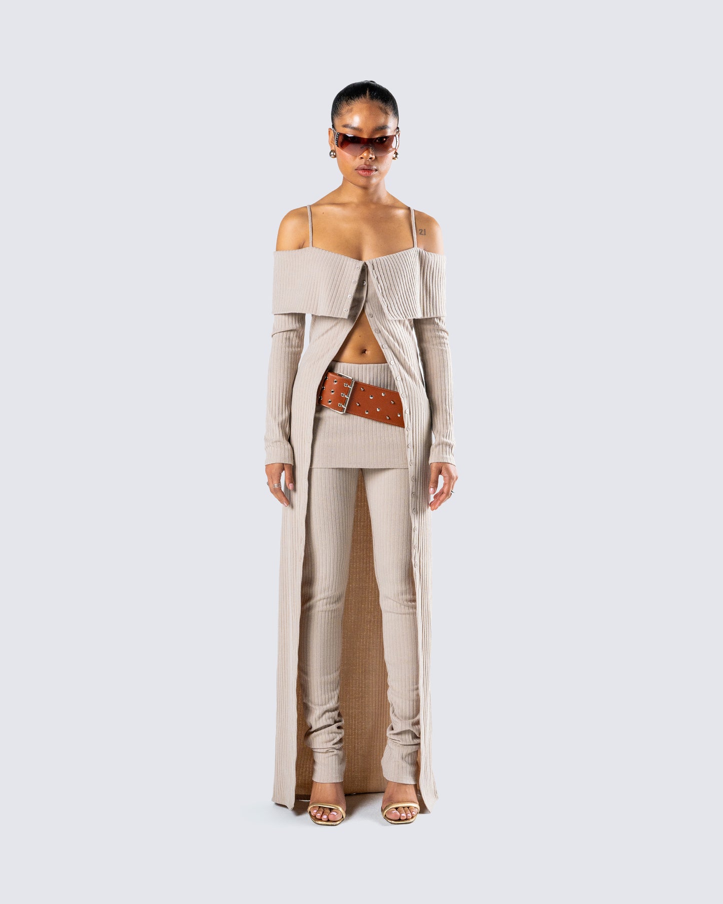 Myka Beige Rib Long Cardigan