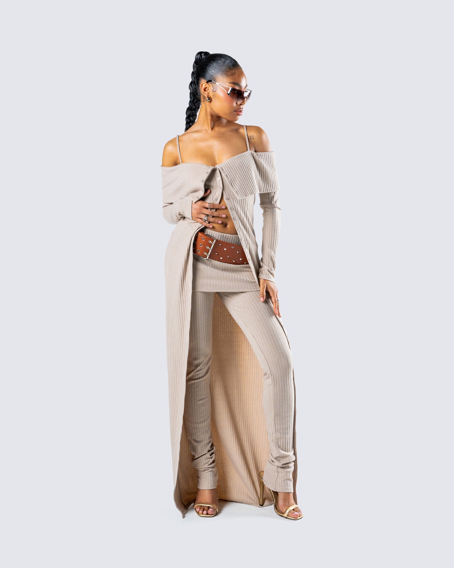 Myka Beige Rib Long Cardigan