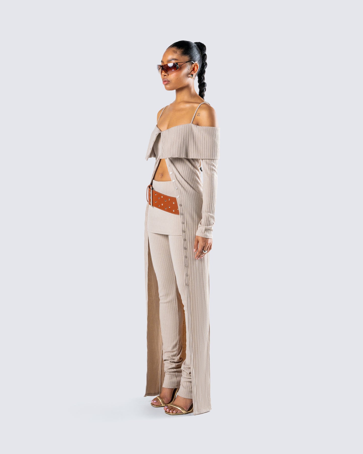 Myka Beige Rib Long Cardigan