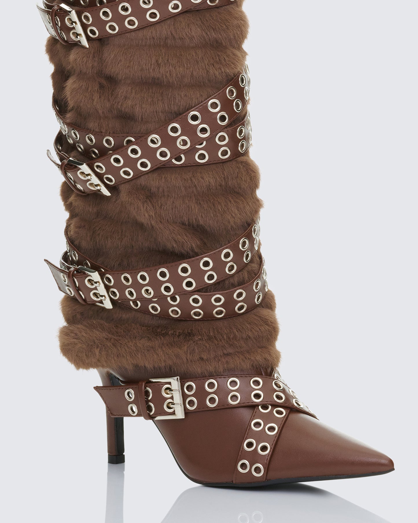 Namira Brown Fur Knee High Buckle Strapped Boot