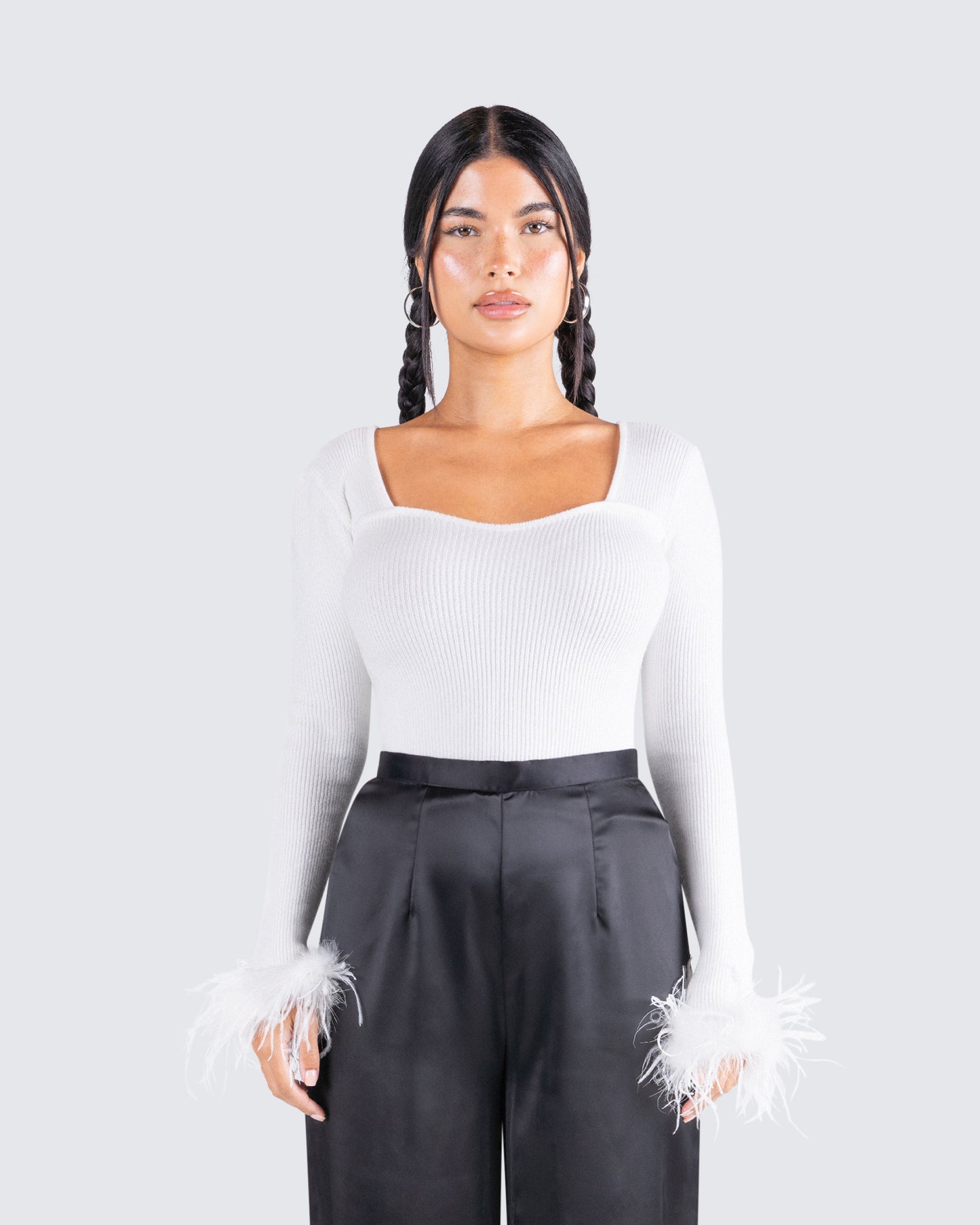 Natasha White Fur Trim Top