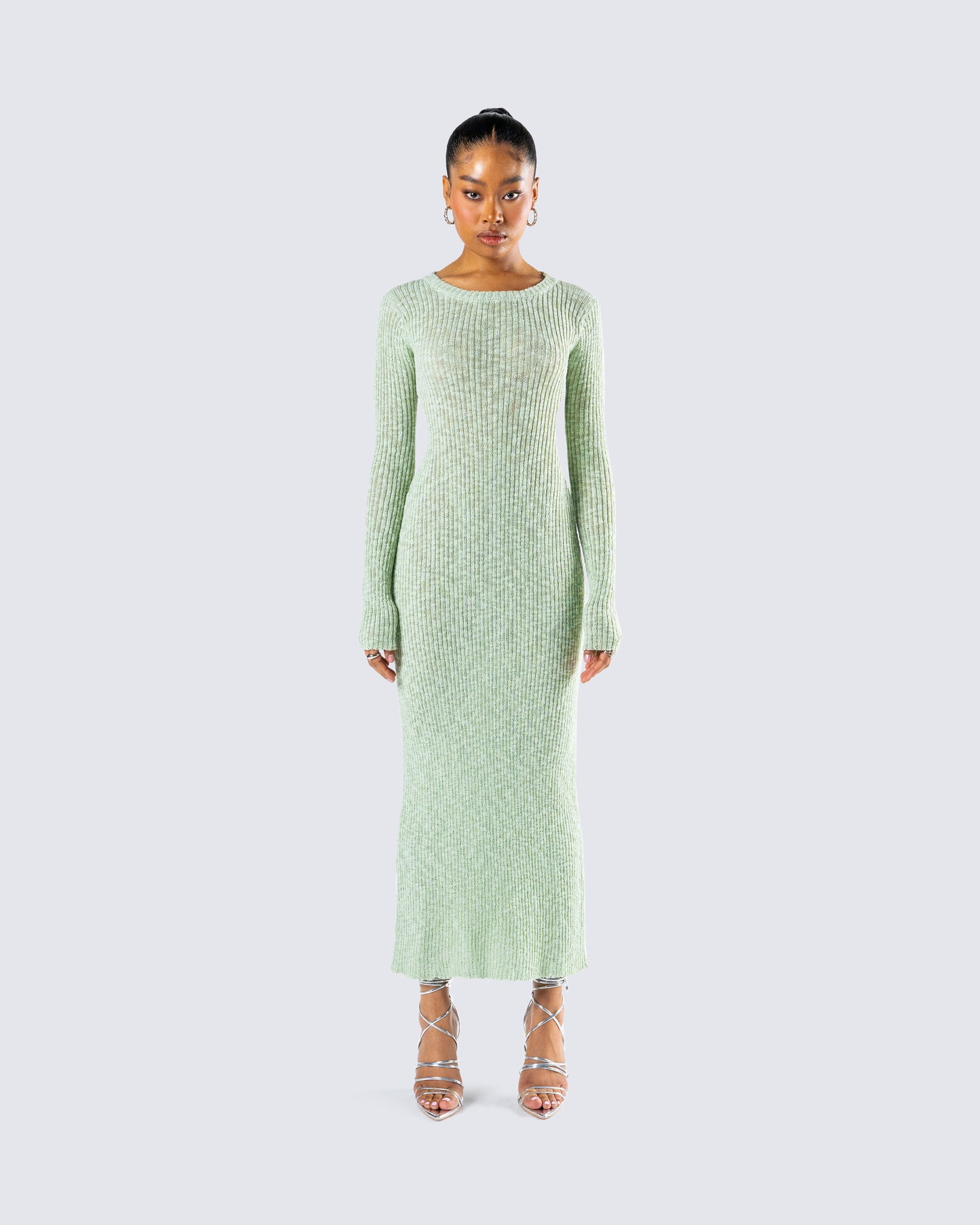 Nea Green Sweater Knit Midi Dress model front