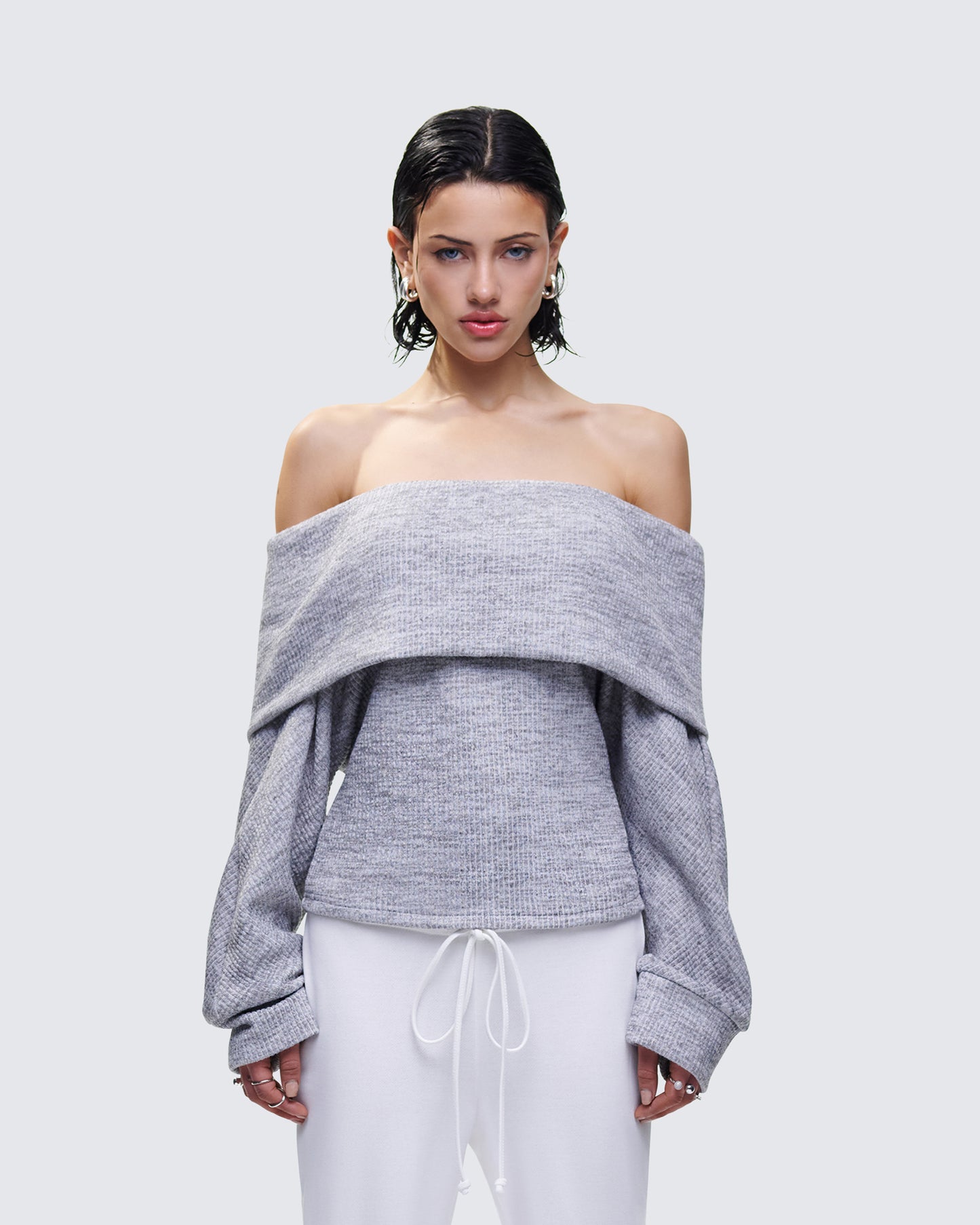 Nesa Grey Off Shoulder Sweater Top model front