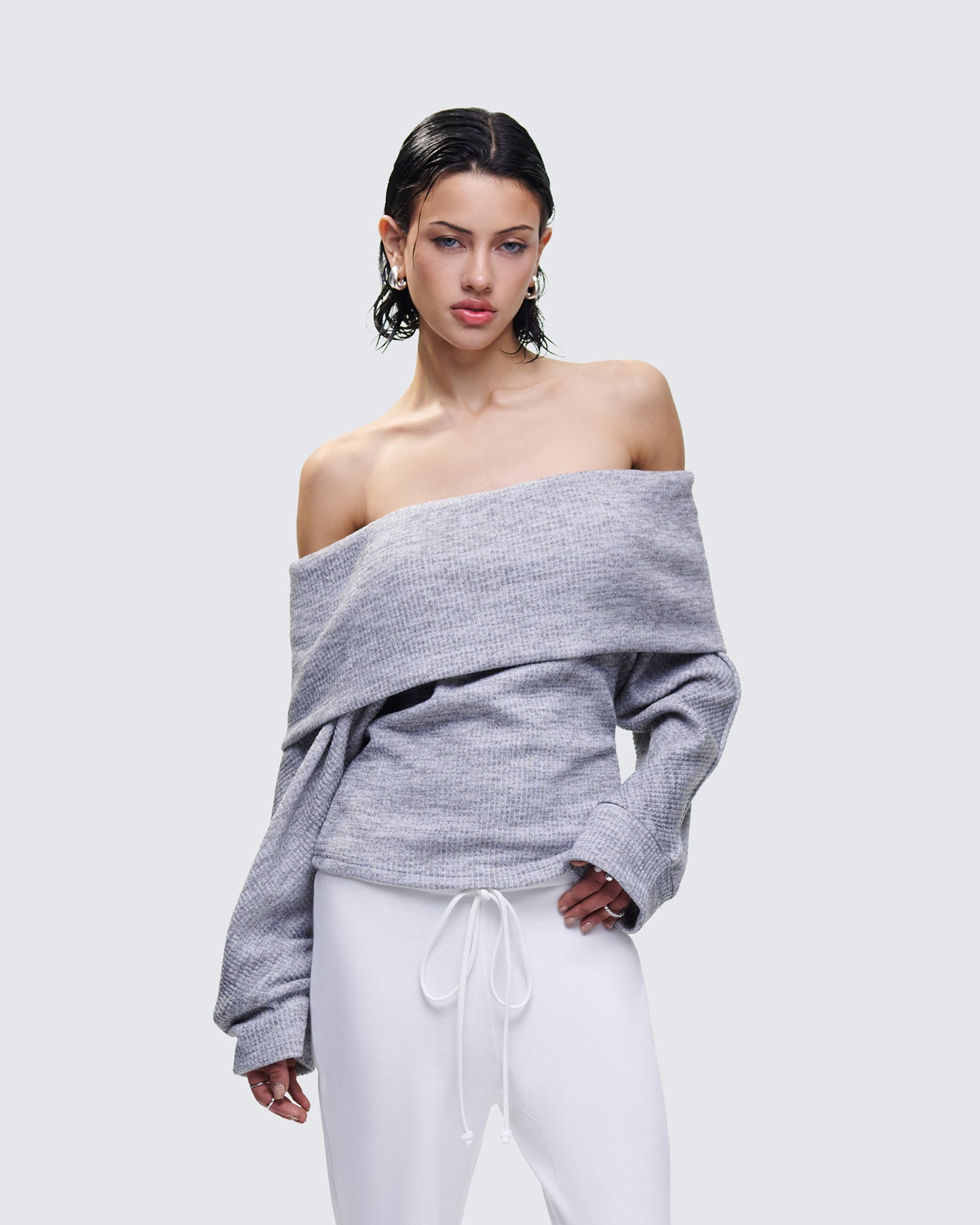 Nesa Grey Off Shoulder Sweater Top