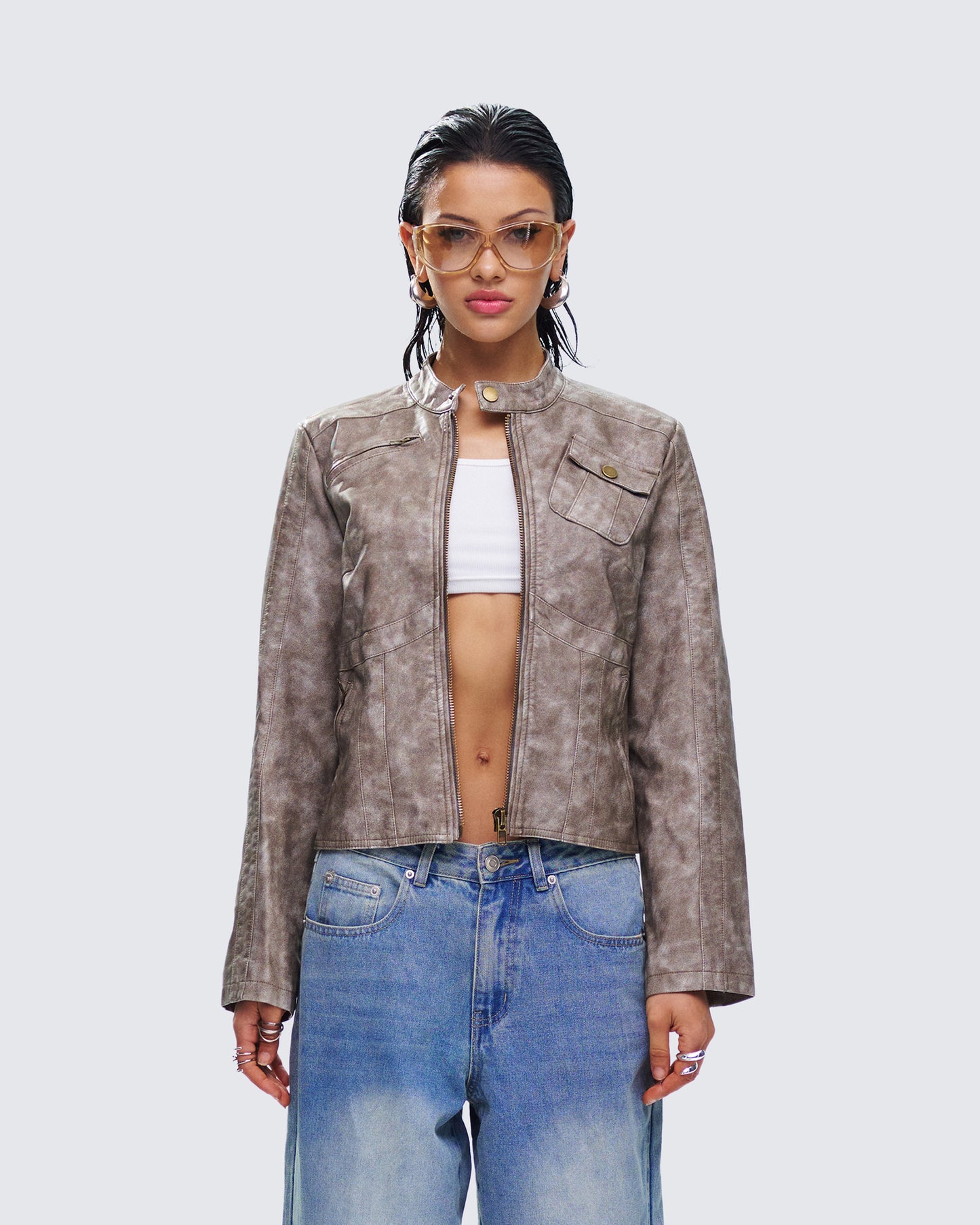 Nevelle Sage Wash Faux Leather Jacket model front