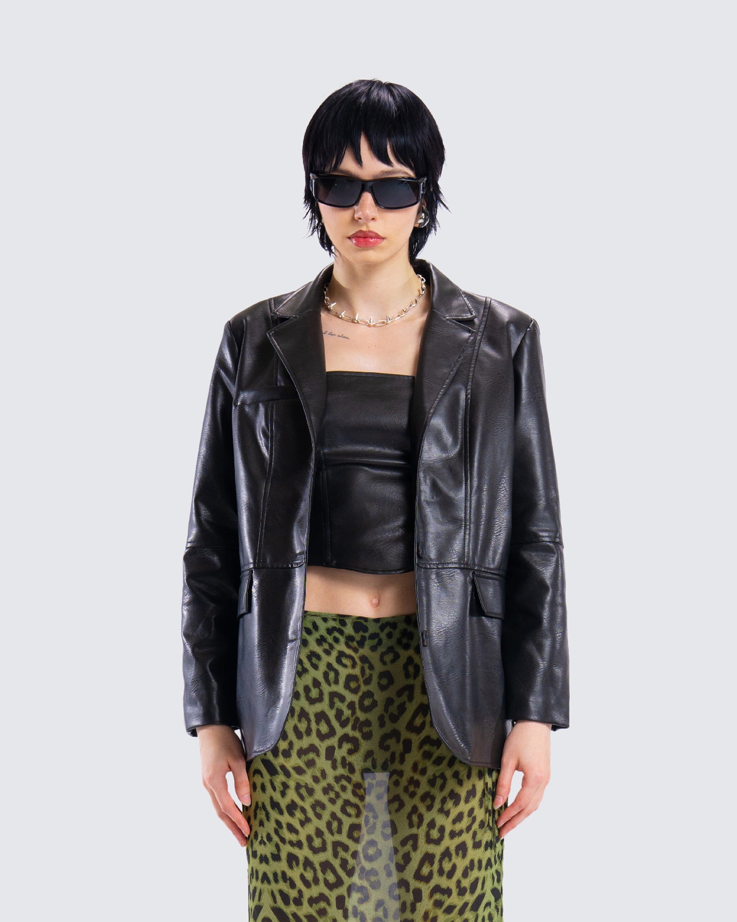 Nika Black Vegan Leather Blazer model front