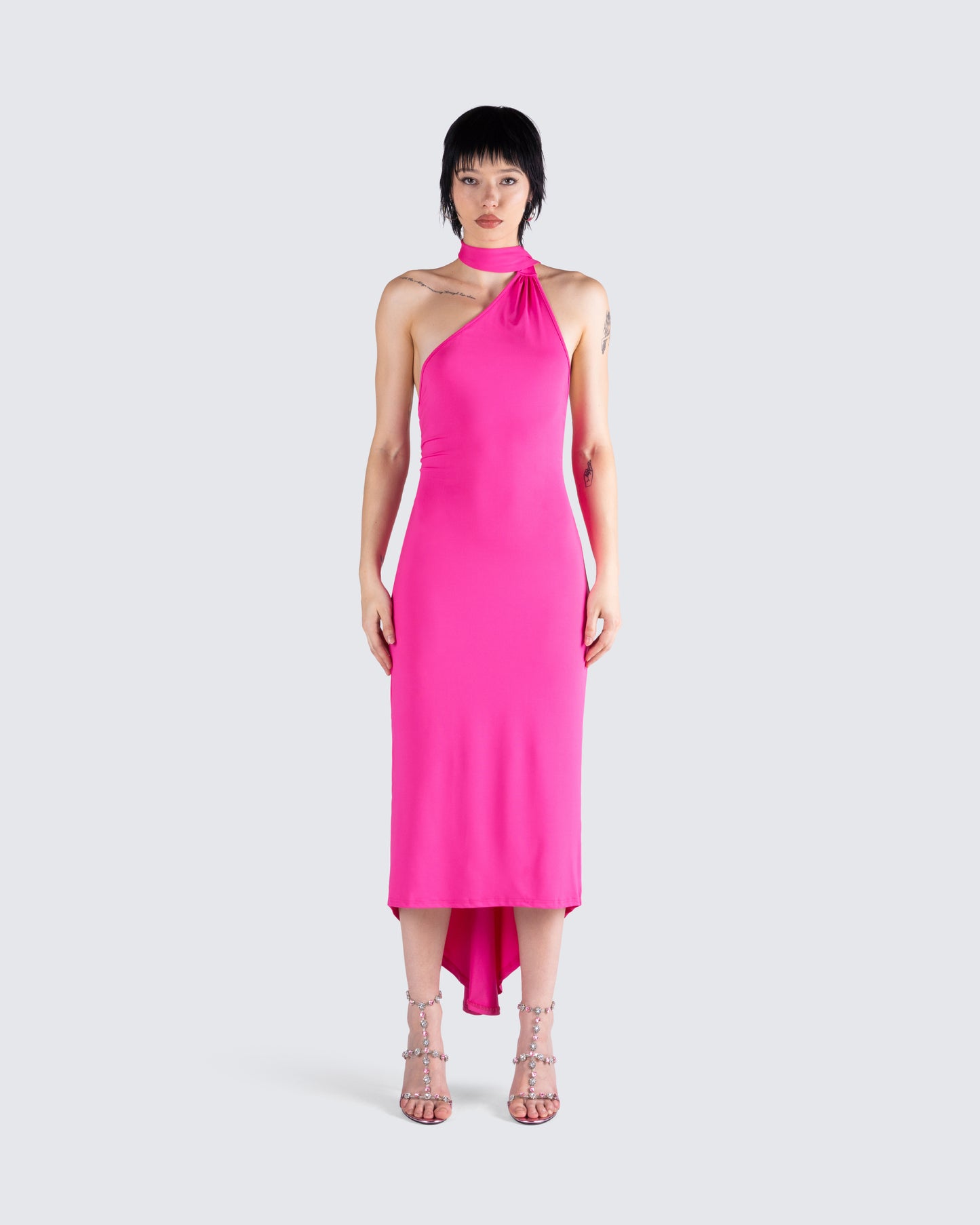 Toni Hot Pink One Shoulder Dress model front