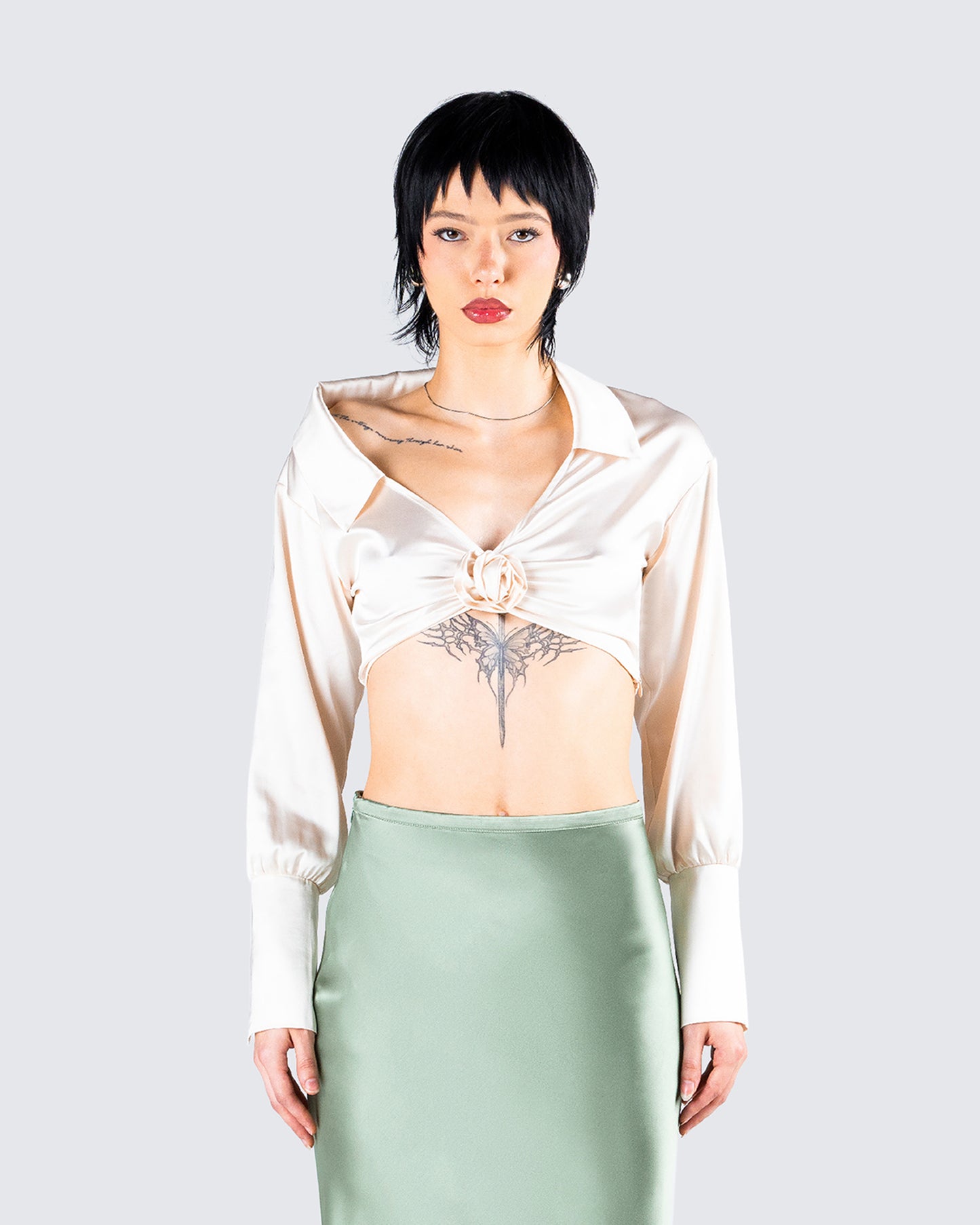 Noor Ivory Knotted Blouse Top model front
