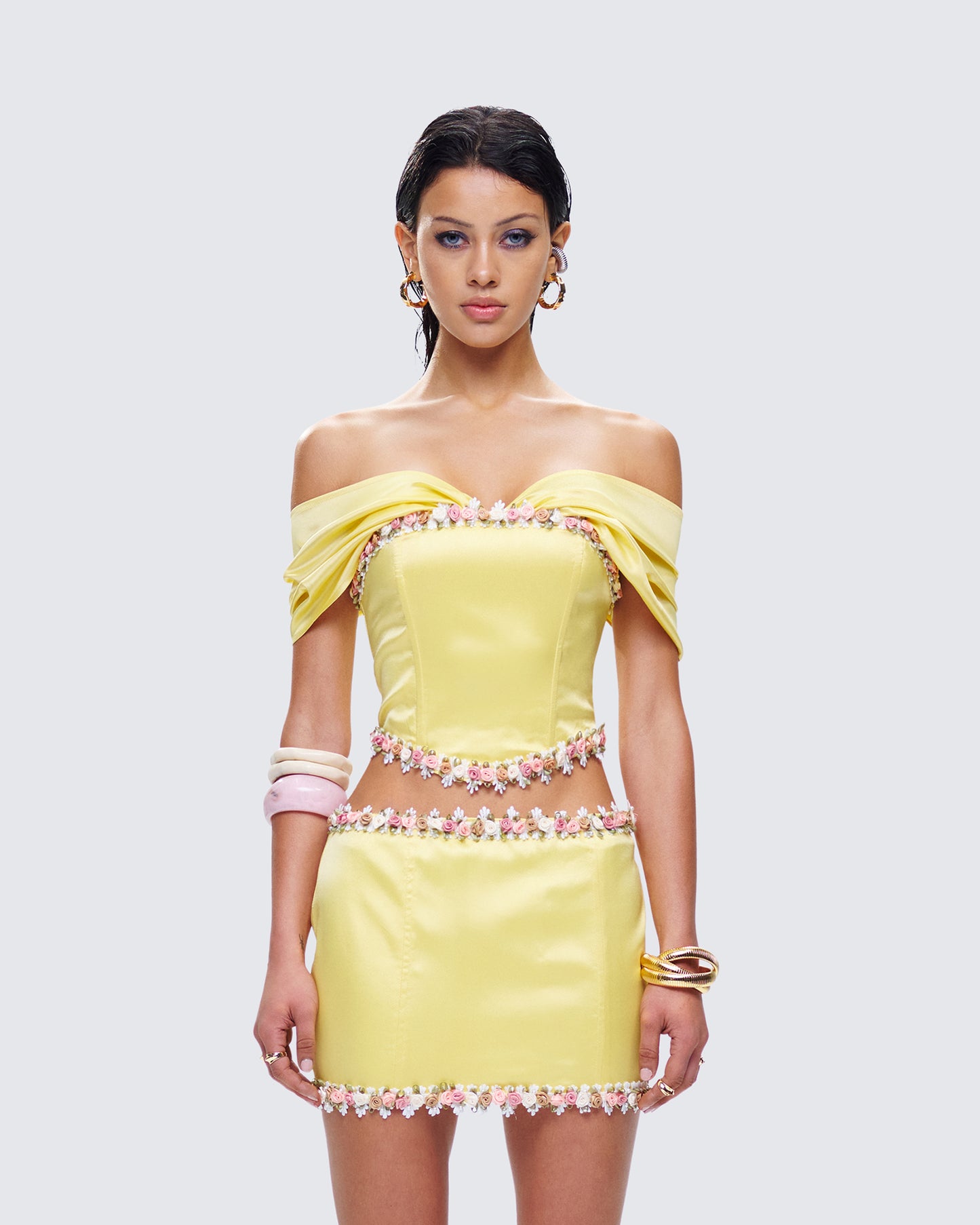Nori Yellow Floral Off Shoulder Top model front