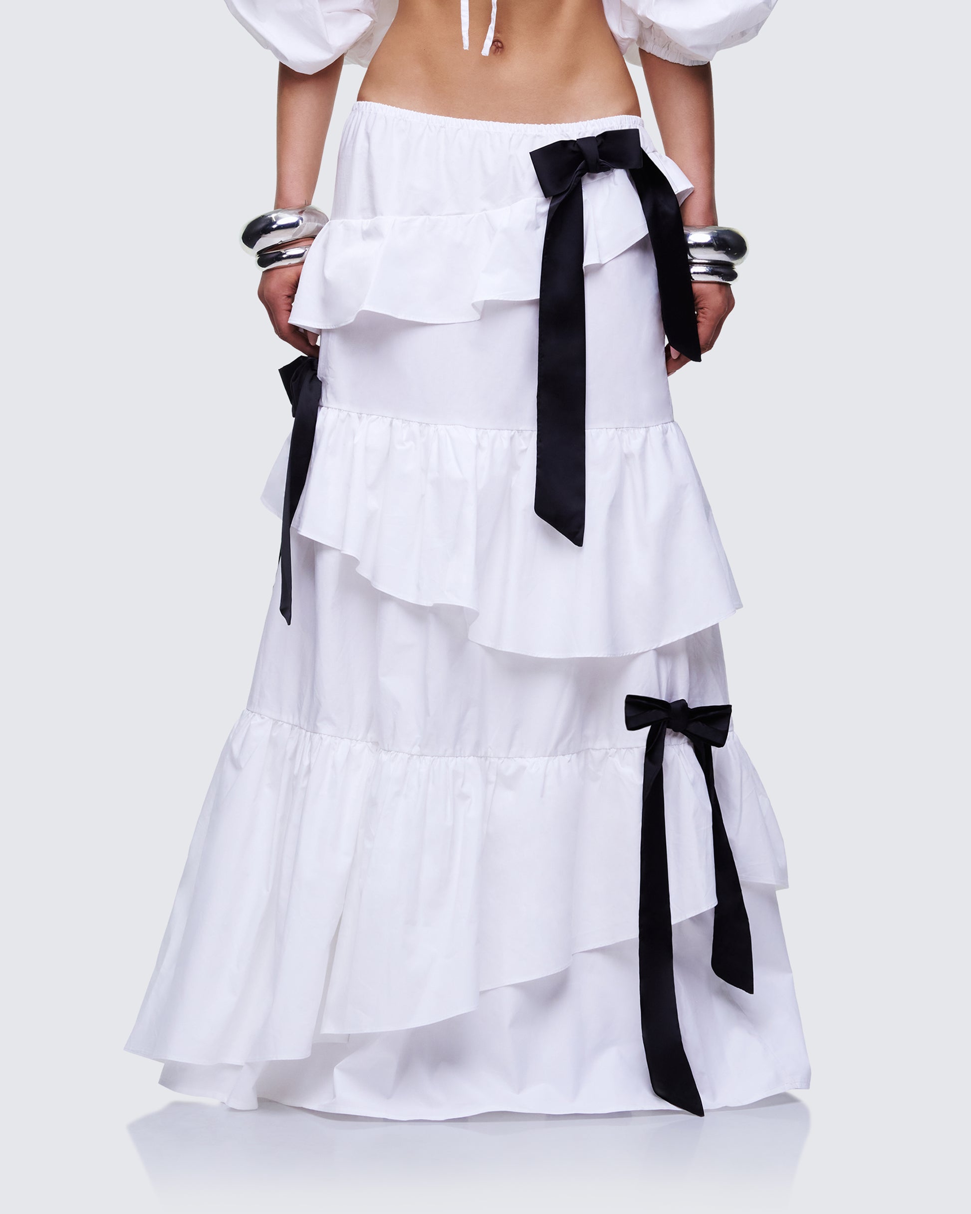 Noura White Poplin Tiered Maxi Skirt model front