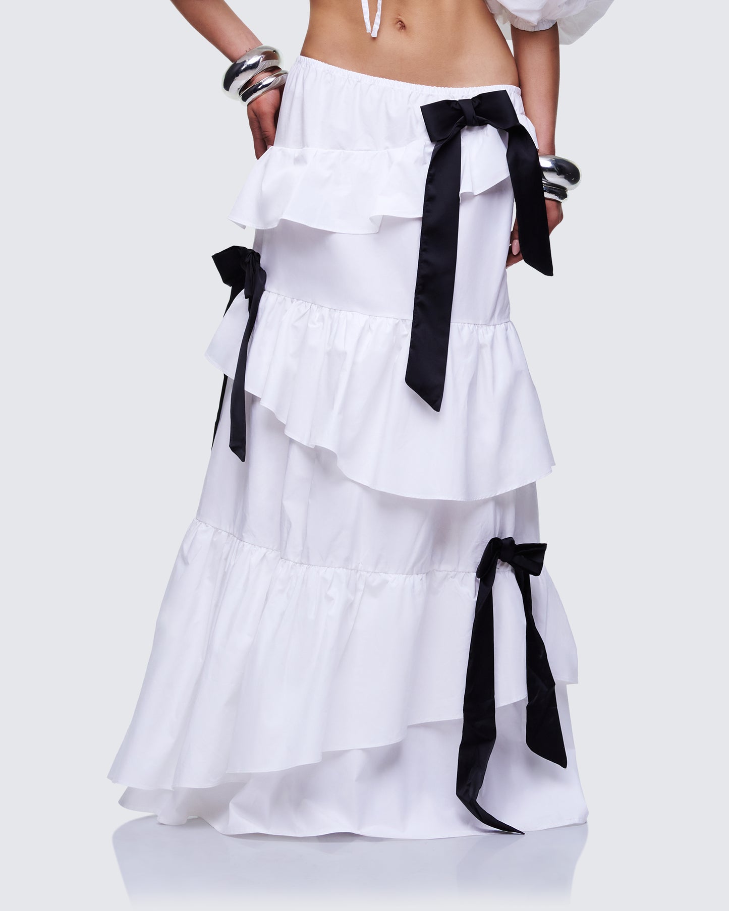 Noura White Poplin Tiered Maxi Skirt