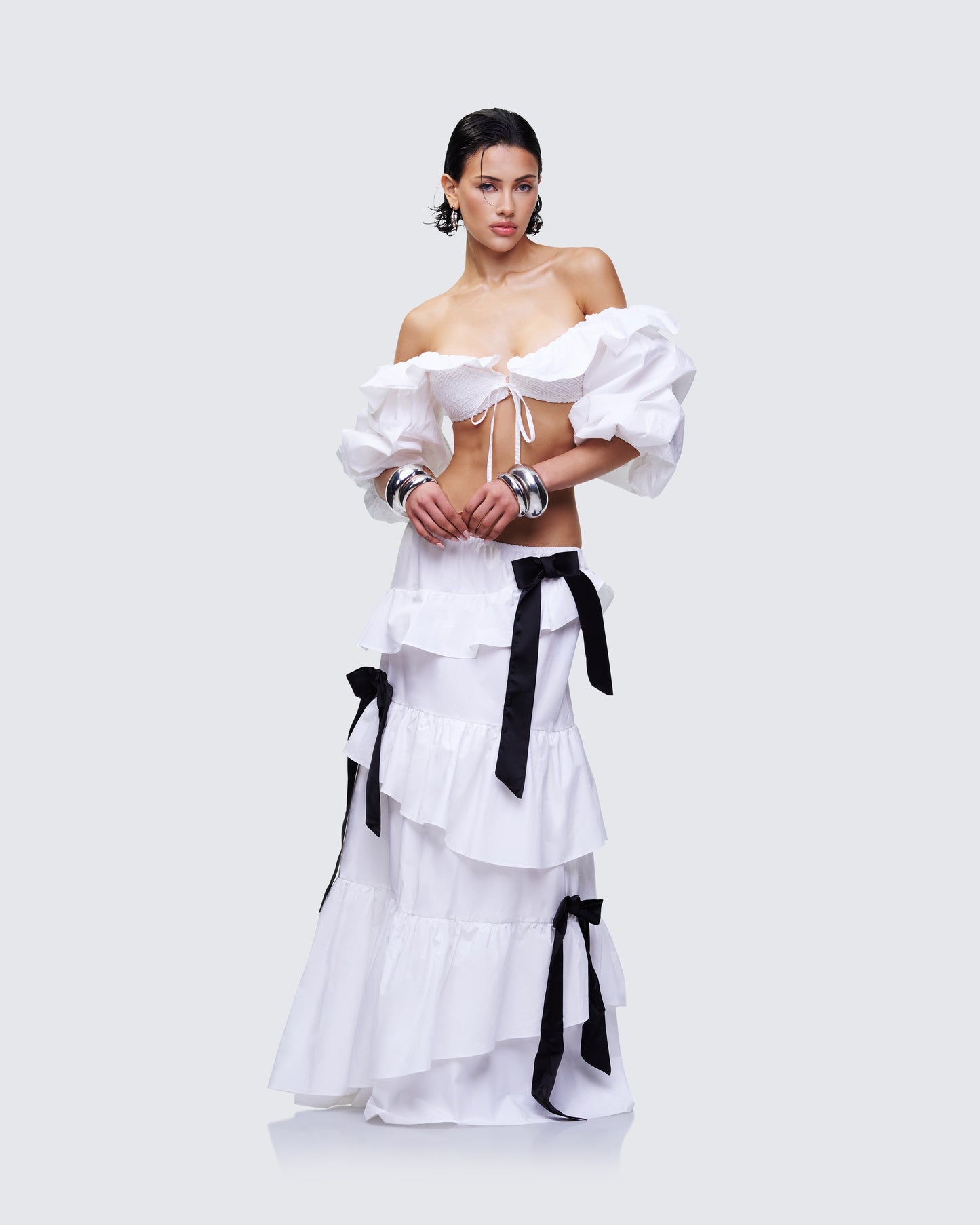 Noura White Poplin Tiered Maxi Skirt