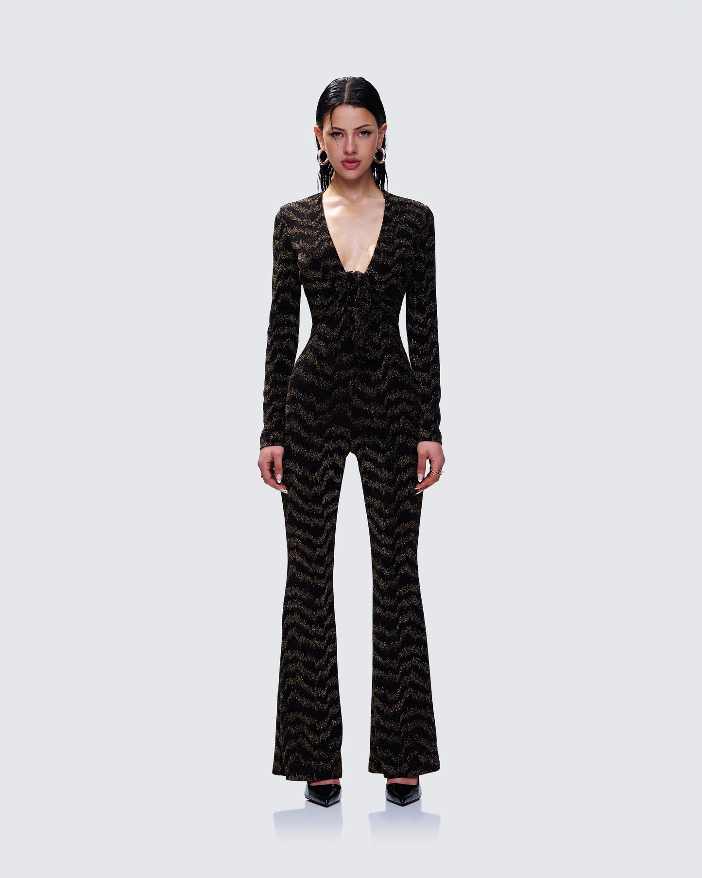 Odessa Black and Gold Metallic Jumpsuit model front