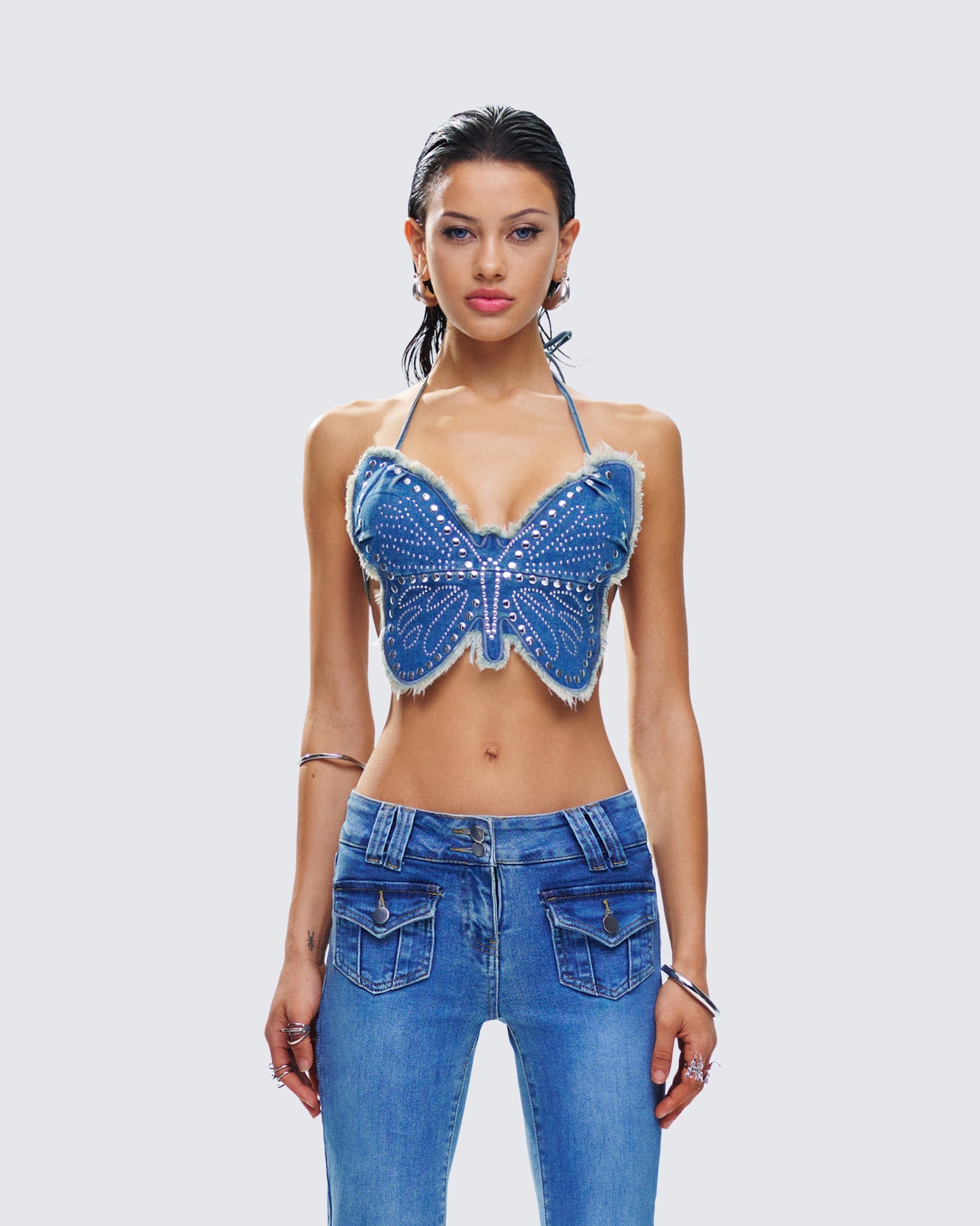 Olivette Blue Denim Butterfly Top model front
