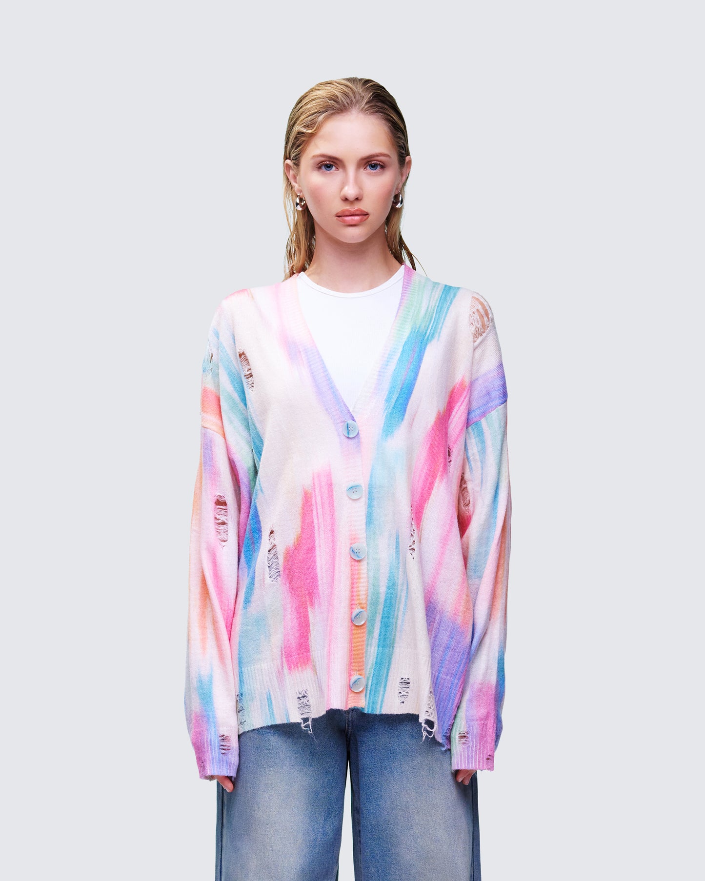 Omie Multi Print Distressed Cardigan model front