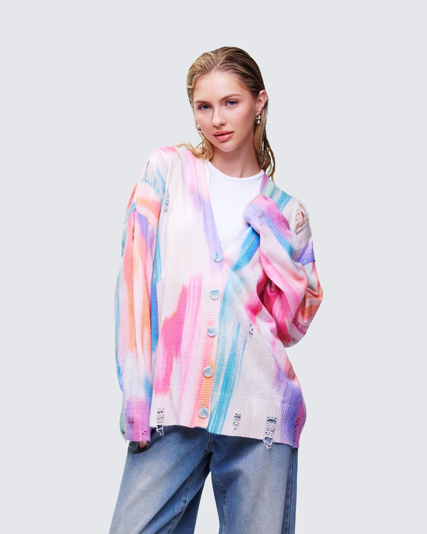 Omie Multi Print Distressed Cardigan