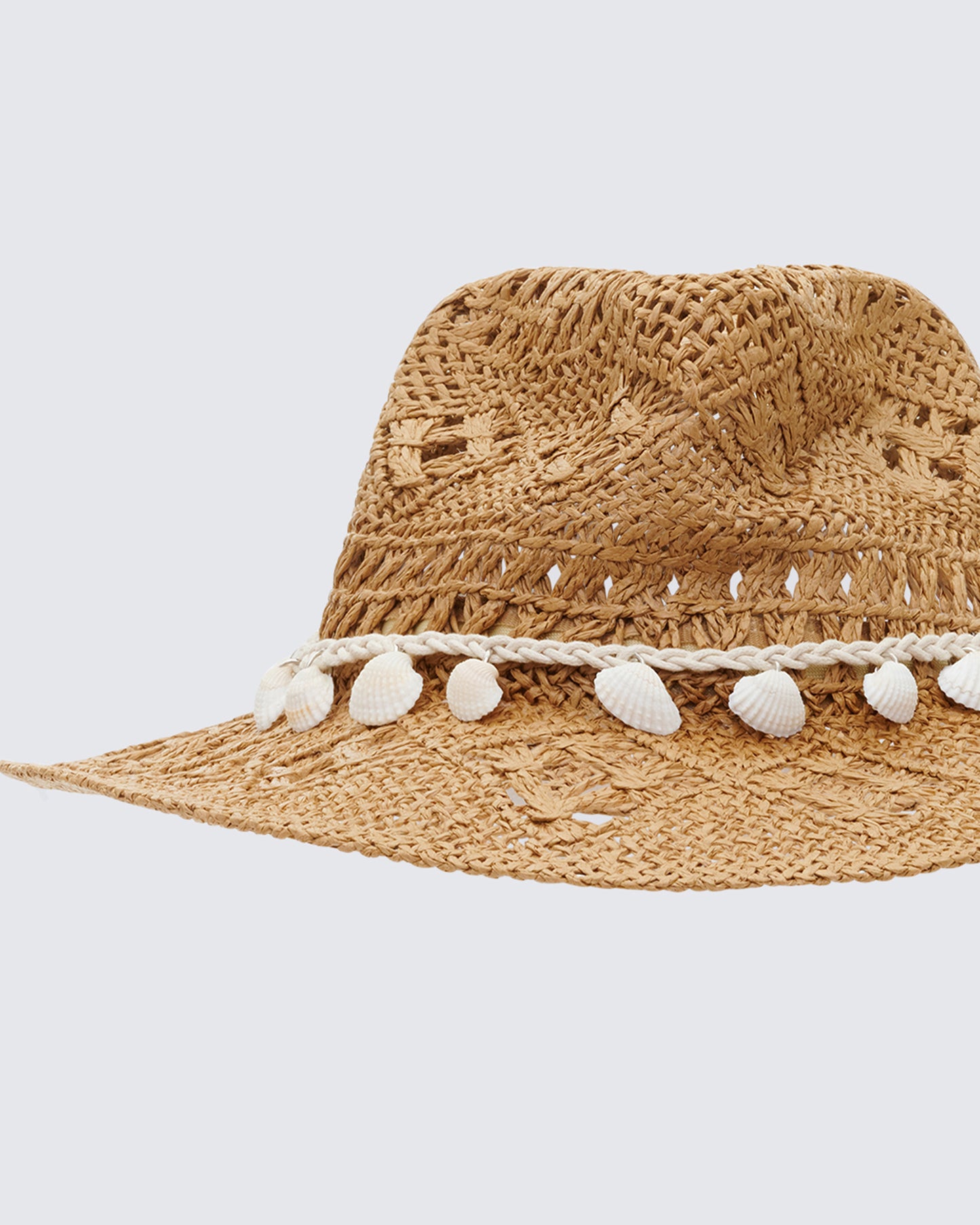 Peaches Tan Straw Cowboy Hat With Shell Detail - close up detail