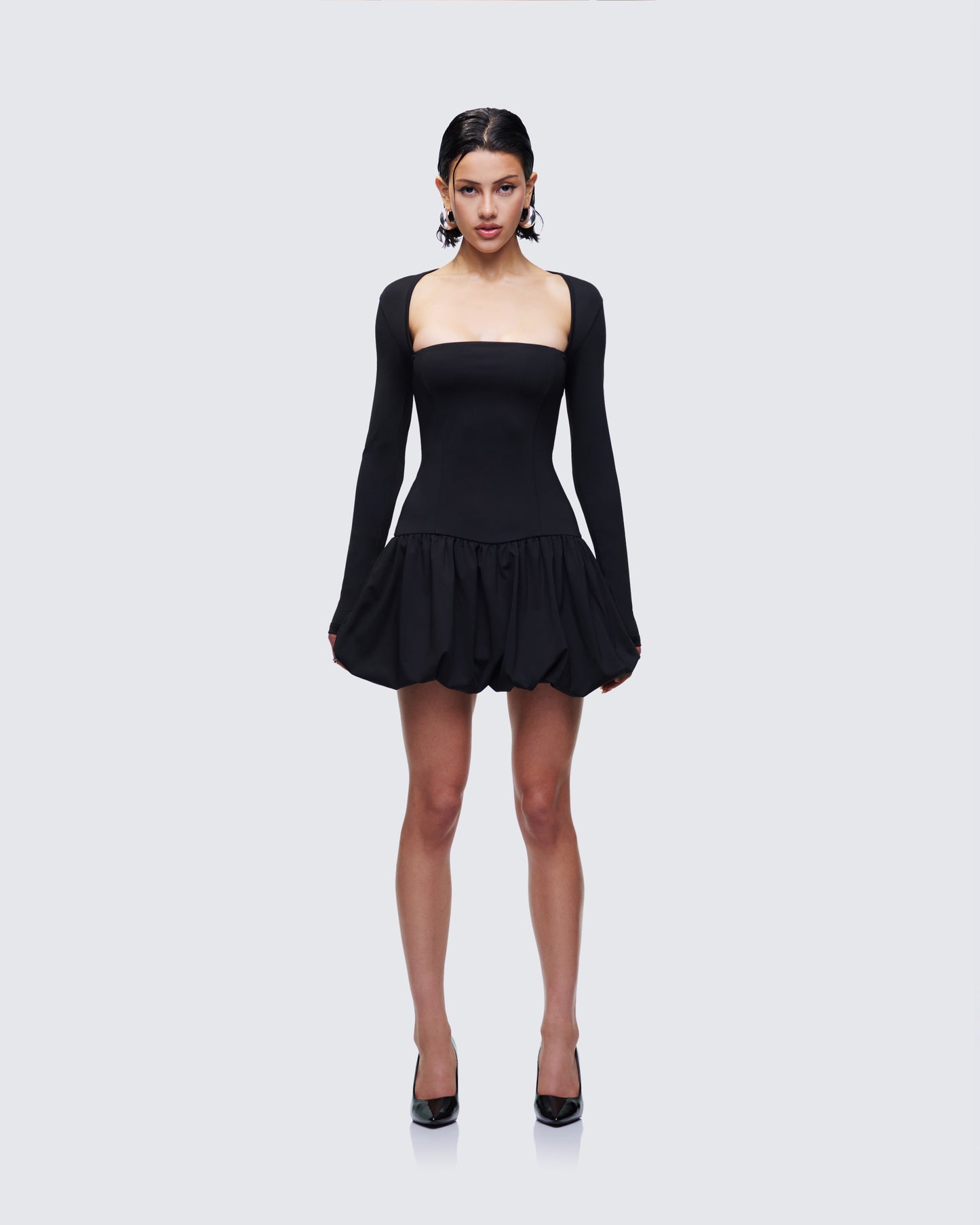 Pili Black Drop Bubble Hem Micro Mini Dress model front