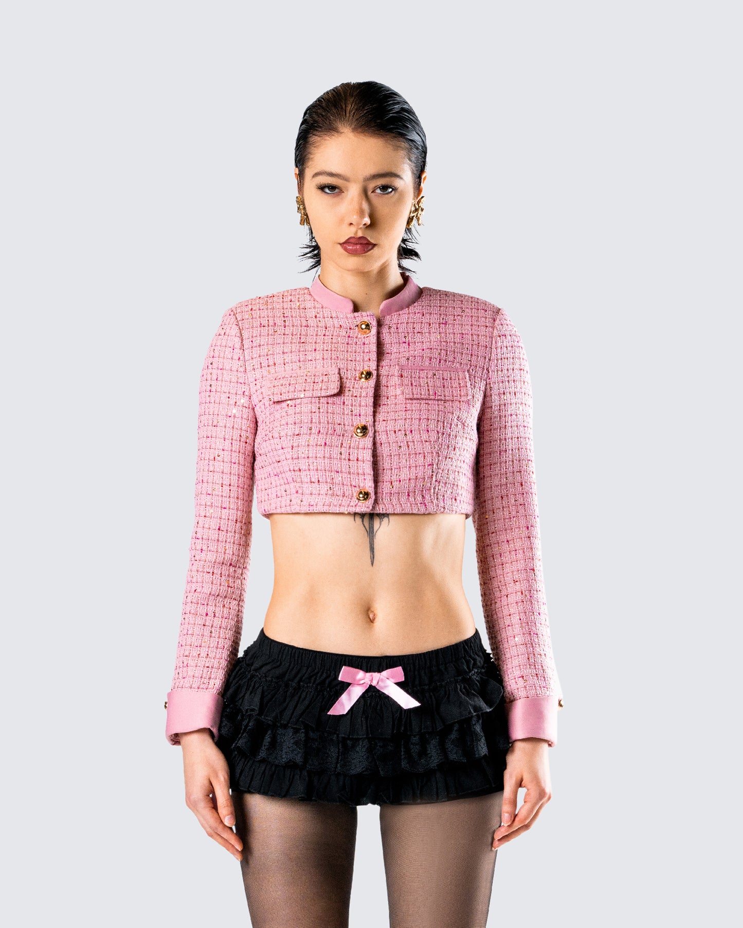 Pippa Pink Tweed Cropped Jacket model front