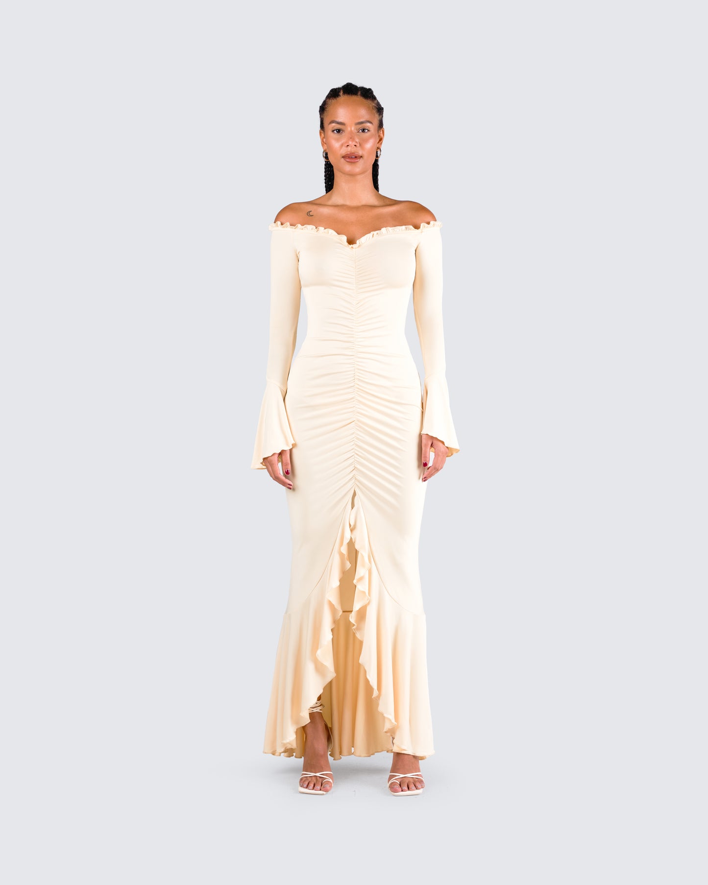 Rafella Yellow Off Shoulder Dress model front