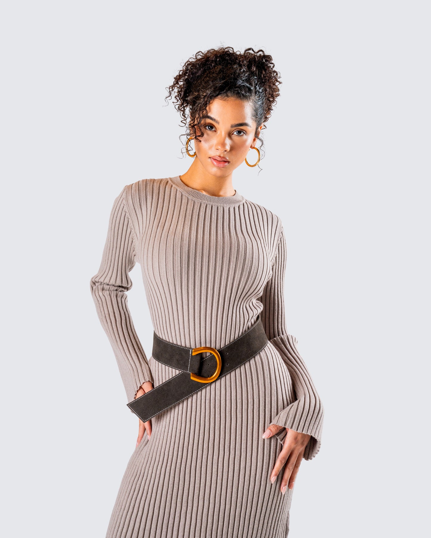 Rejina Taupe Wide Rib Midi Dress