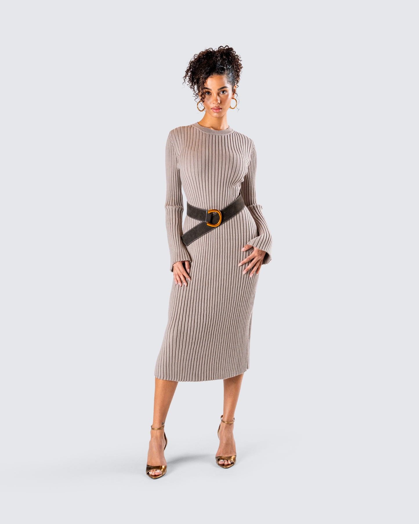 Rejina Taupe Wide Rib Midi Dress
